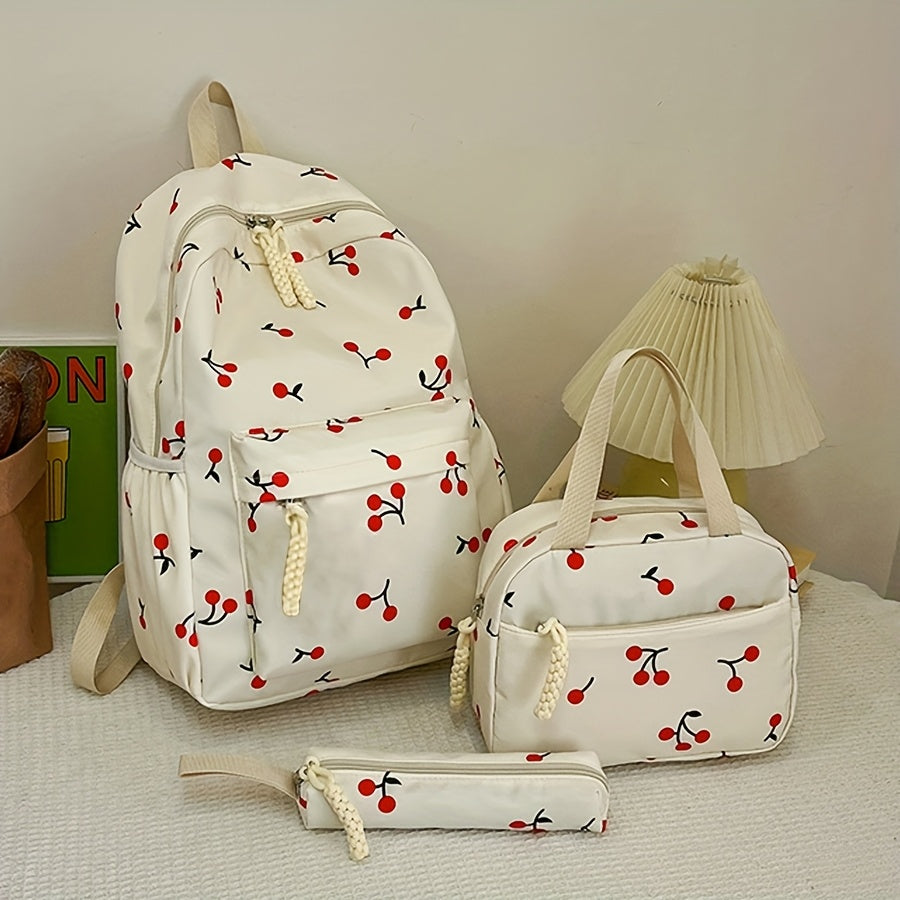 Three-Piece Set: Cherry Backpack, Handbag & Pencil Case - Cute Japanese-Inspired Large Capacity Lightweight School Bag for College Students, Random Print Design