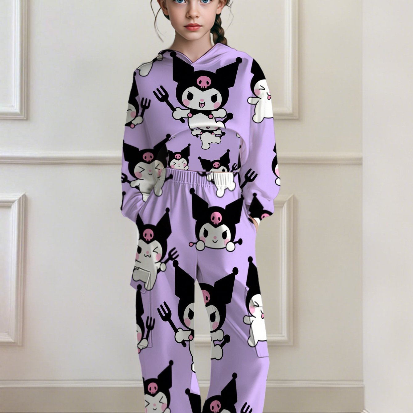 Three-Piece Set Sanrio Digital Fashion Fantasy Cute Holiday Spring and Autumn Winter Clothes Gift Trendy Cartoon Cat Sanrio Essential Fashion Hoodie with Suspender Vest and Trousers Three-Piece Set Random Print Outdoor Sports
