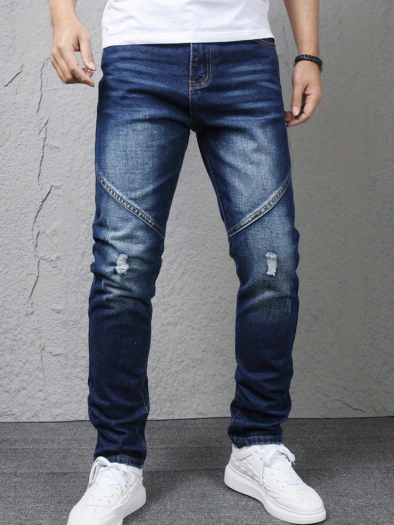 's & Teen Boys' Dark Blue Distressed Ripped Slim Straight Leg Jeans - Heavyweight 100% Denim, Mid-Rise Inverted Zipper Closure, Machine Washable Casual Pants for Casual Attire & Layering (All-Season) - Youthful Vintage Style