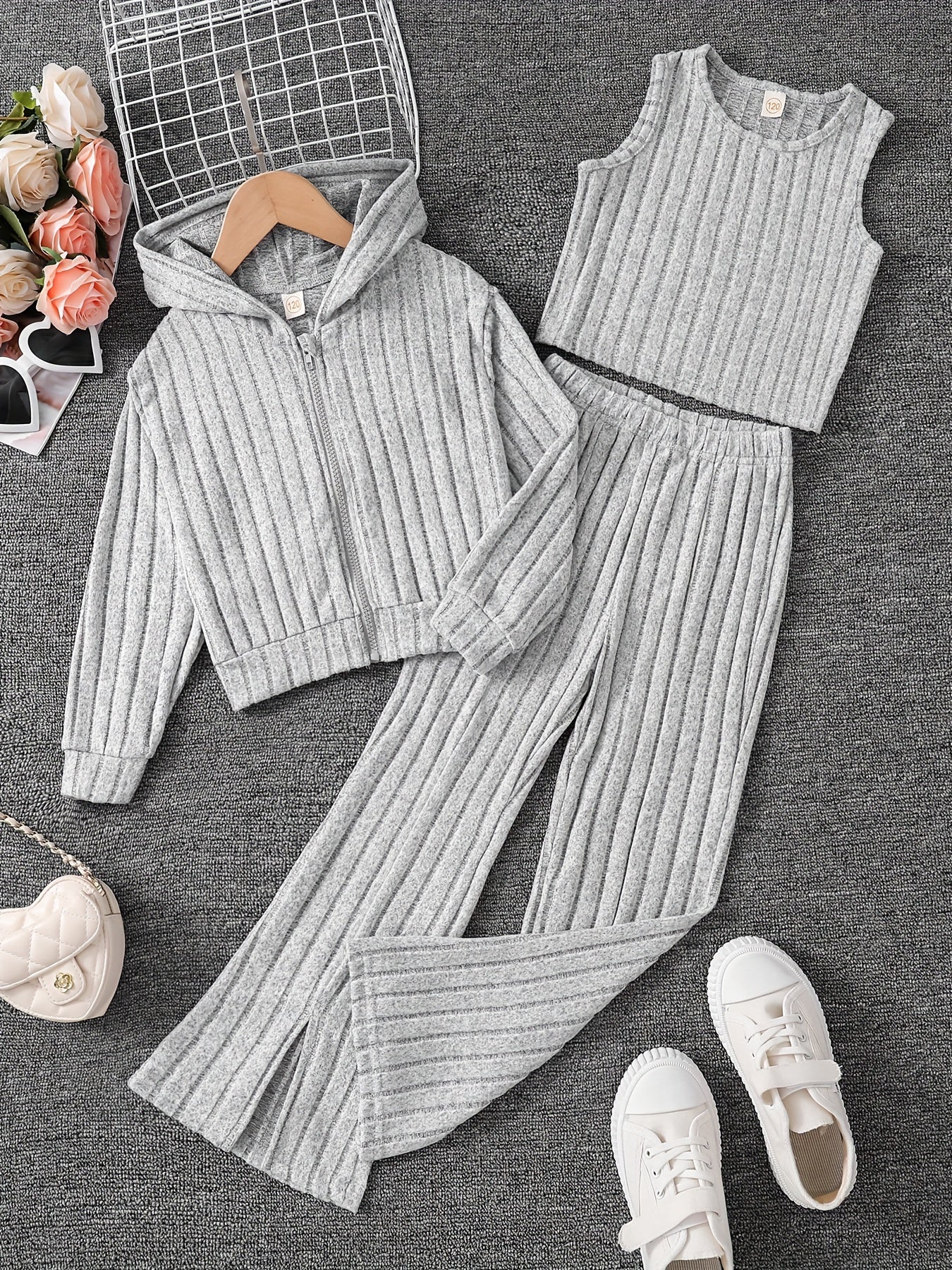 Girls' Clothes Spring, Autumn and Winter Girls' Coarse Fleece Zip-Up Hooded Cardigan + Vest + Slit Pants, 3pcs Set, Suitable for Back-to-School Season, Graduation Season, Dance Parties, Party Outfits, for Outdoor