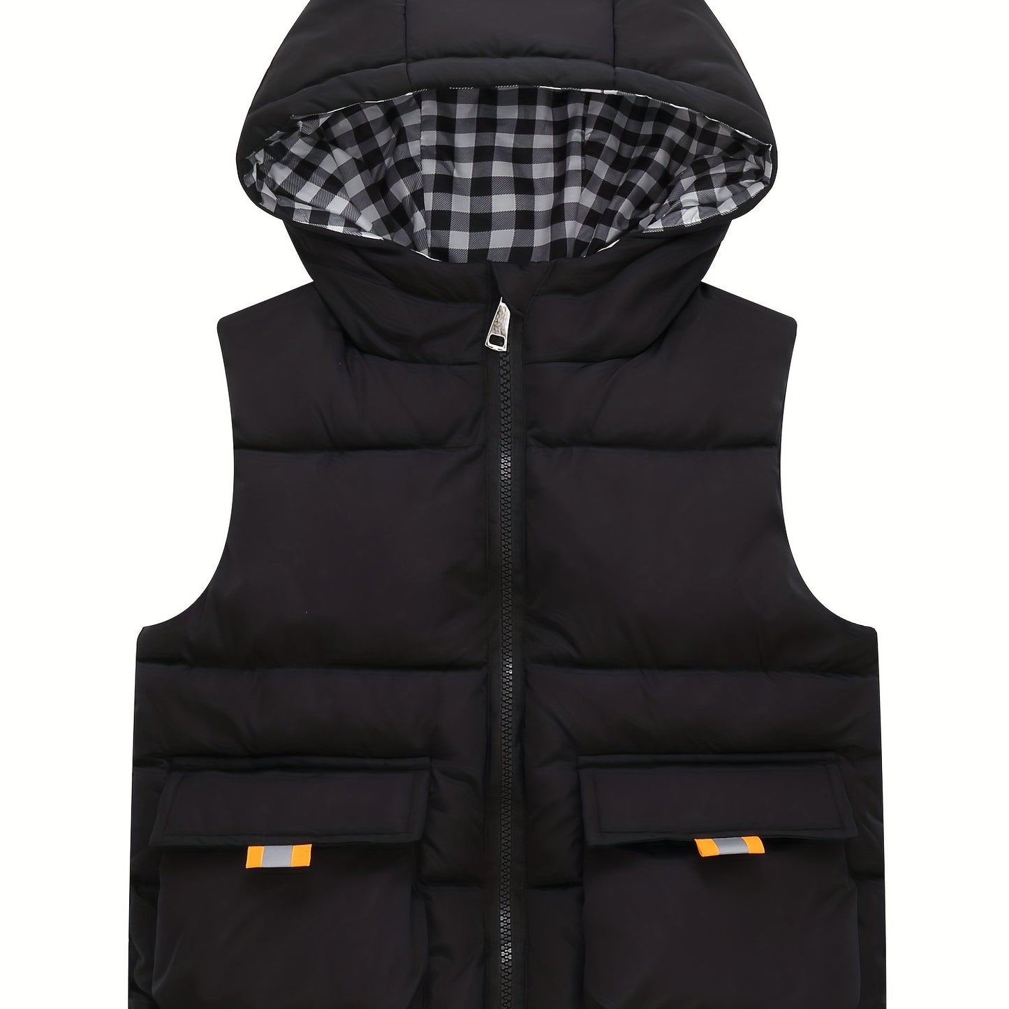 Youth Red Hooded Vest with Large Pockets - Warm Loose Fit Casual Jacket for Fall/Winter, Polyester Filled, Adjustable Hood, Perfect for Outdoor Play, Winter Clothing, Playful Design, Durable Fabric