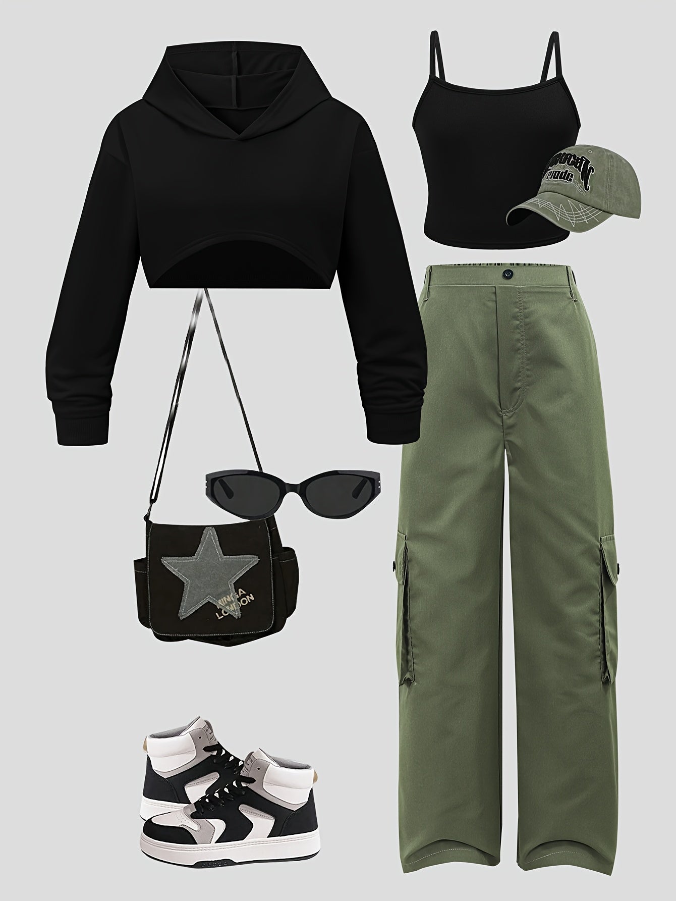 Girls' Clothing: Teenage Girls' Casual Streetwear Set - Hooded Crop Top + Tank Vest + Cargo Pants 3pcs Outfit, Girls' Fashionable Workwear Pants Suit, Girls' Casual Fashion Short Hoodie Set, Suitable for Spring, Autumn, and W