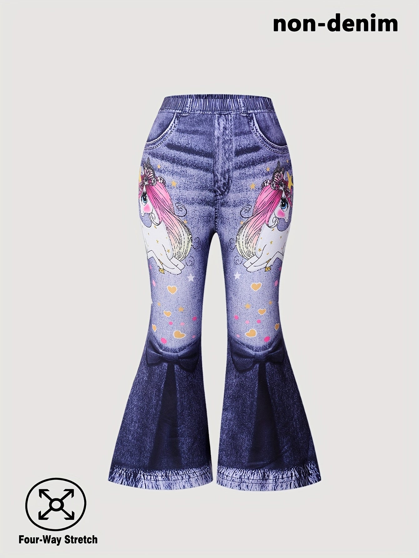 3-Pack Girls' Faux Denim Printed Ripped Leopard Print Flared Pants - Stretchy Elastic Waistband, Soft Comfortable Casual Trousers with Faux Pockets, All-Season Wear for Parties, Carnivals & Casual Attire, Party Attire, Playfu