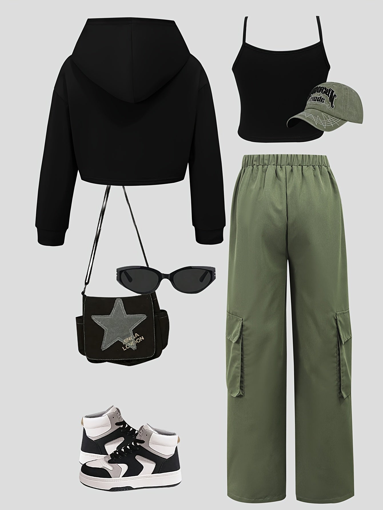 Girls' Clothing: Teenage Girls' Casual Streetwear Set - Hooded Crop Top + Tank Vest + Cargo Pants 3pcs Outfit, Girls' Fashionable Workwear Pants Suit, Girls' Casual Fashion Short Hoodie Set, Suitable for Spring, Autumn, and W
