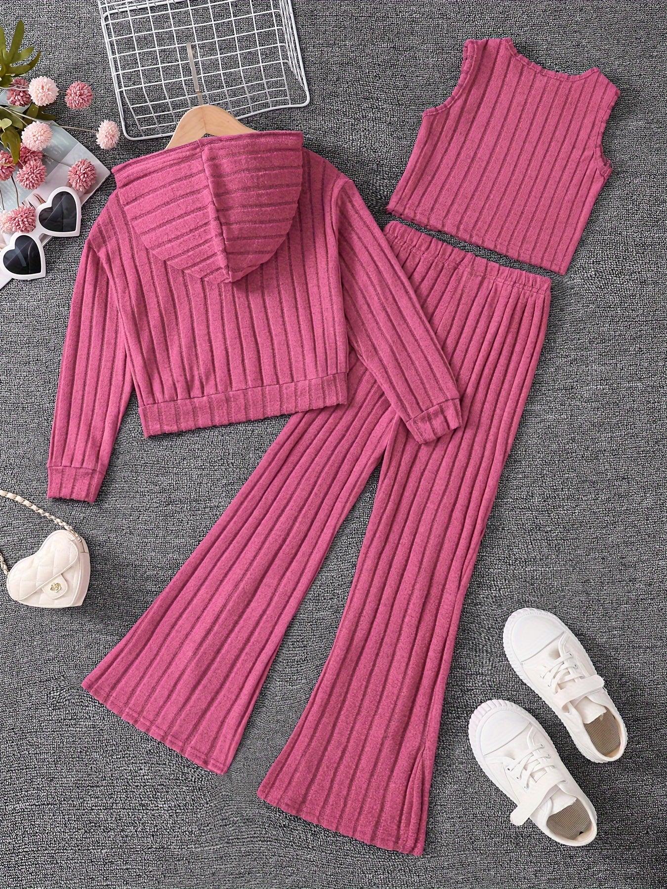 Girls' Clothes Spring, Autumn and Winter Girls' Coarse Fleece Zip-Up Hooded Cardigan + Vest + Slit Pants, 3pcs Set, Suitable for Back-to-School Season, Graduation Season, Dance Parties, Party Outfits, for Outdoor