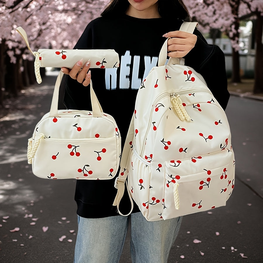 Three-Piece Set: Cherry Backpack, Handbag & Pencil Case - Cute Japanese-Inspired Large Capacity Lightweight School Bag for College Students, Random Print Design