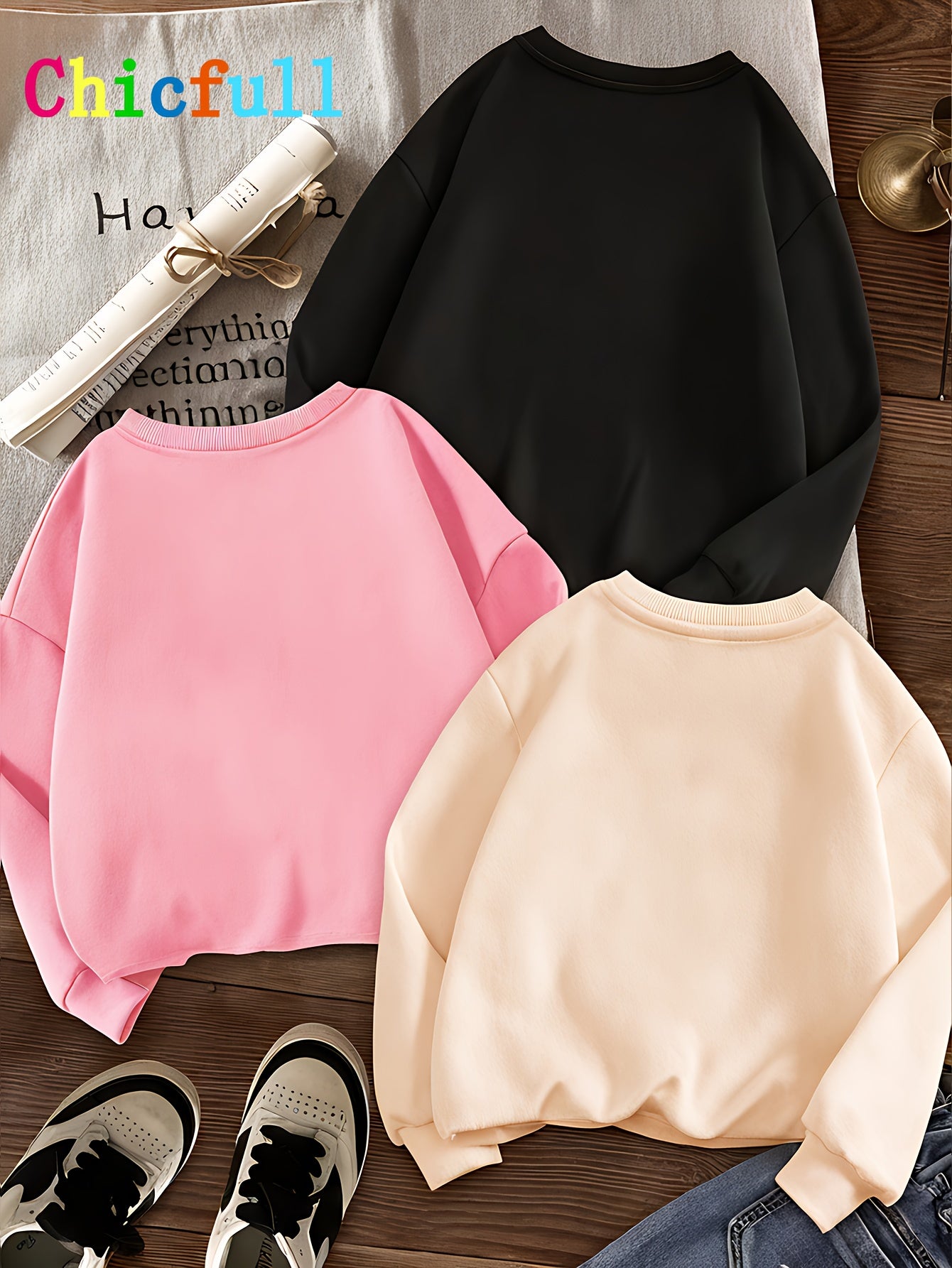 Three-Piece Set for Girls, Colorful Letter Print Sweet Creative Casual Spring/Autumn Hoodie Combo