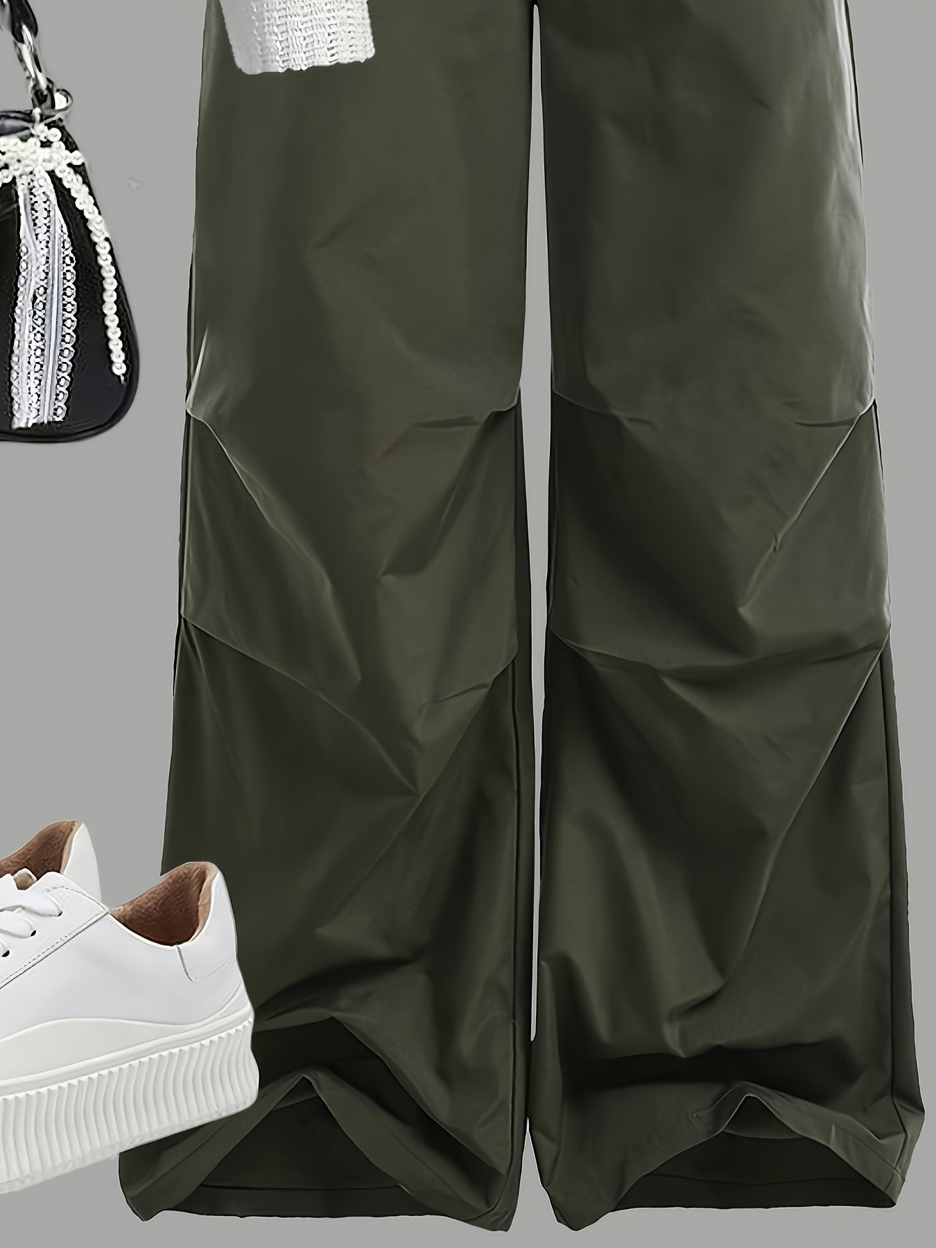 3pcs 's Streetwear Outfit Set - Oversized White Lace Sleeve Top, Solid Olive Green High-Waisted Cargo Pants & Round Neck Tank Top | Summer Casual to Semi-Formal Outfits | Machine Washable 3pcs Ensemble for Teen Girls & Young,