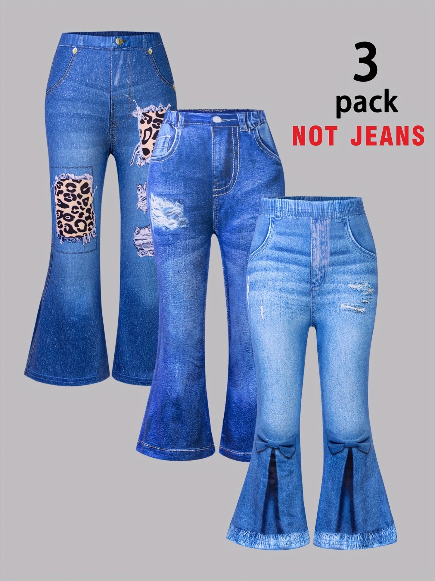 3-Pack Girls' Faux Denim Printed Ripped Leopard Print Flared Pants - Stretchy Elastic Waistband, Soft Comfortable Casual Trousers with Faux Pockets, All-Season Wear for Parties, Carnivals & Casual Attire, Party Attire, Playfu