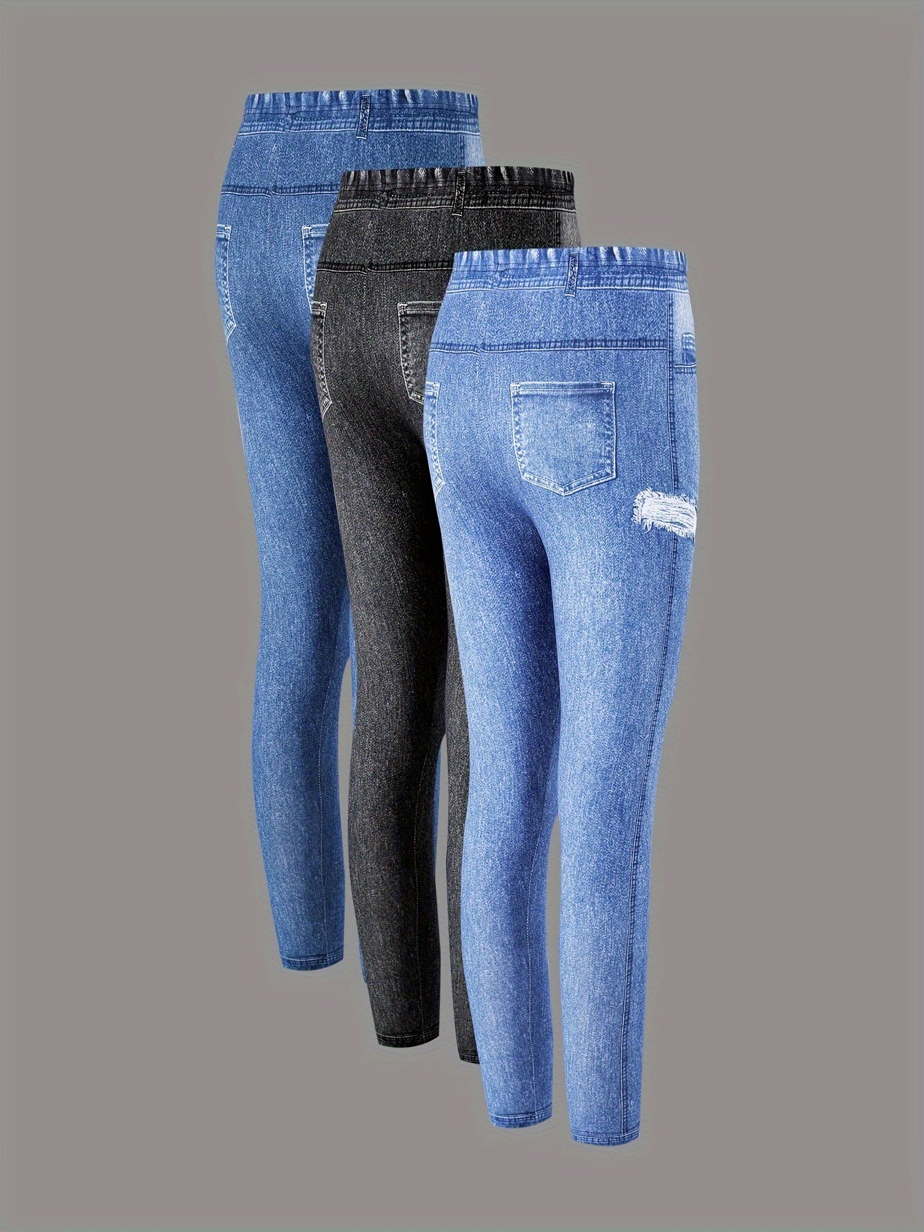 3pcs Girls' Spring Autumn Summer Winter Imitation Denim Pants with Fake Pockets and Ripped Stripe Pattern Leggings