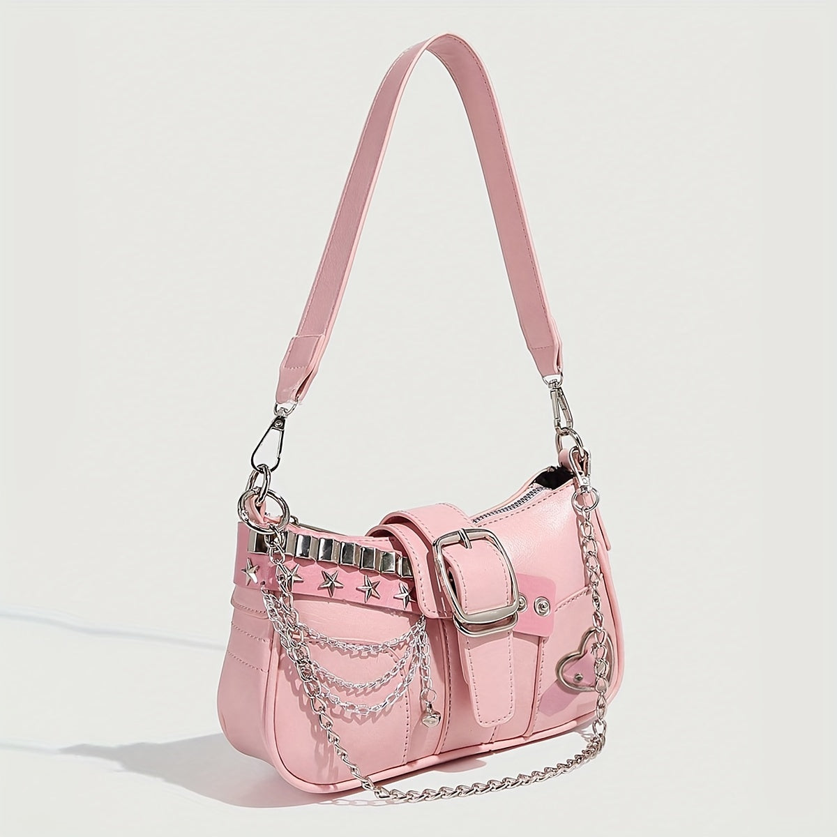 Y2K Style Small Shoulder Bag with Magnetic Closure, PU Material, Polyester Lining, Chain Strap, Punk-Inspired Design, Pastel Pink Color