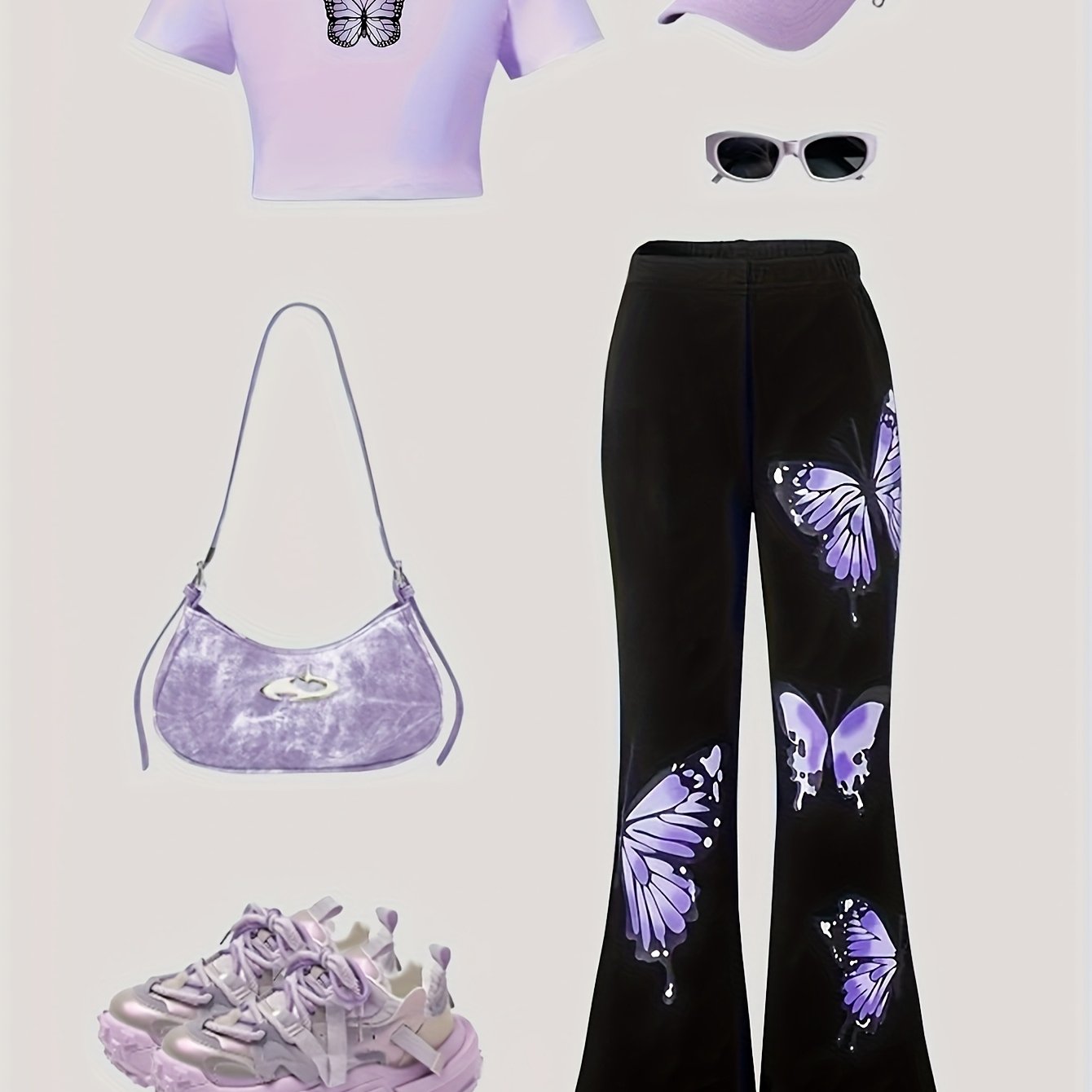 Highly Rated Girls' Fashion Set Round Neck Short Sleeve Butterfly Print Top + Versatile Black Flare Pants with Irregular Butterfly Print Long Pants Elegant and Romantic Gift Choice Spring/Summer Essential Set without Accessor