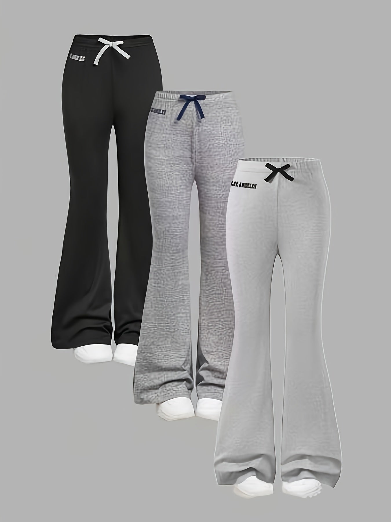 3pcs Girls' Slim-Fit Flared Bell-Bottom Pants with Letter Print & Bow Tie Waist - Stretchy Casual Athletic Leggings for Spring Summer Fall, Machine Washable (Black, Light Grey, White) - Playdates, School, Casual Attire, Perfe