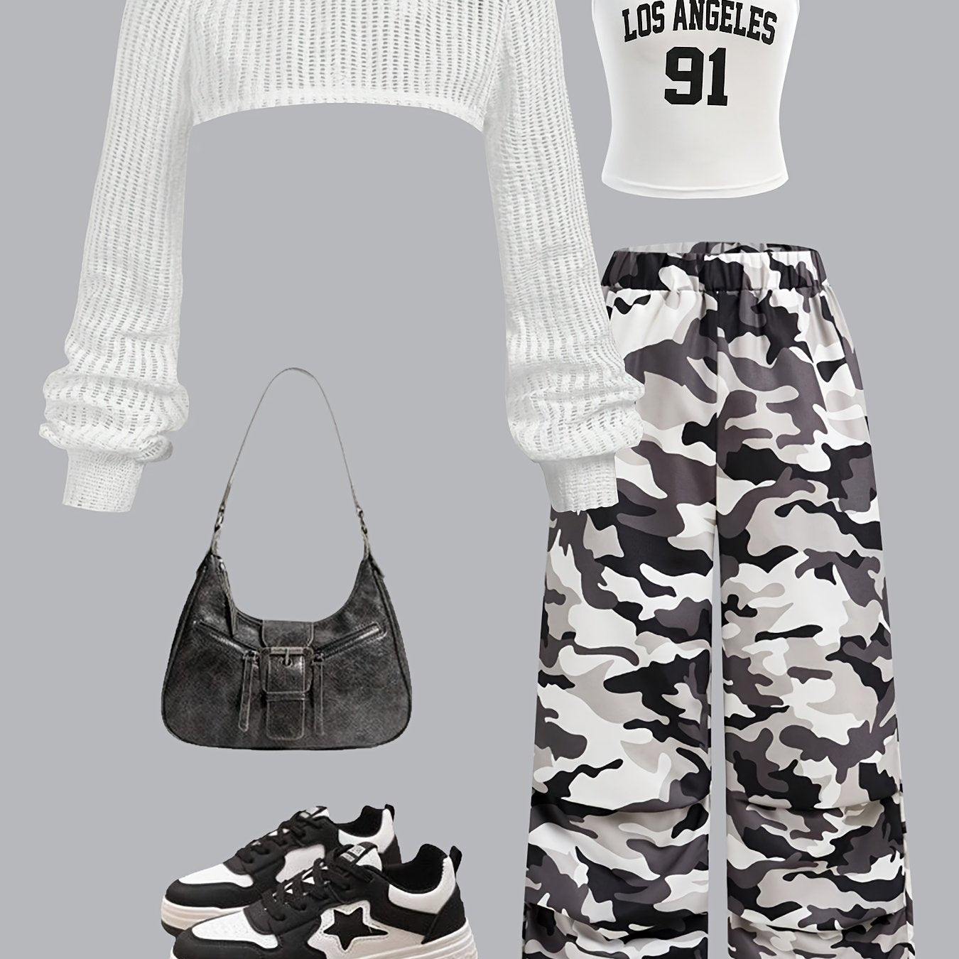 3pcs Y2K Streetwear Set for Teens - Asymmetrical Neck Long Sleeve Crop Top, Camo Print Vest & Cargo Pants - Casual Spring/Fall Outfit with Drop Shoulder Design, Regular Fit, No Chest Pad, Perfect for Casual Attire, Casual Att