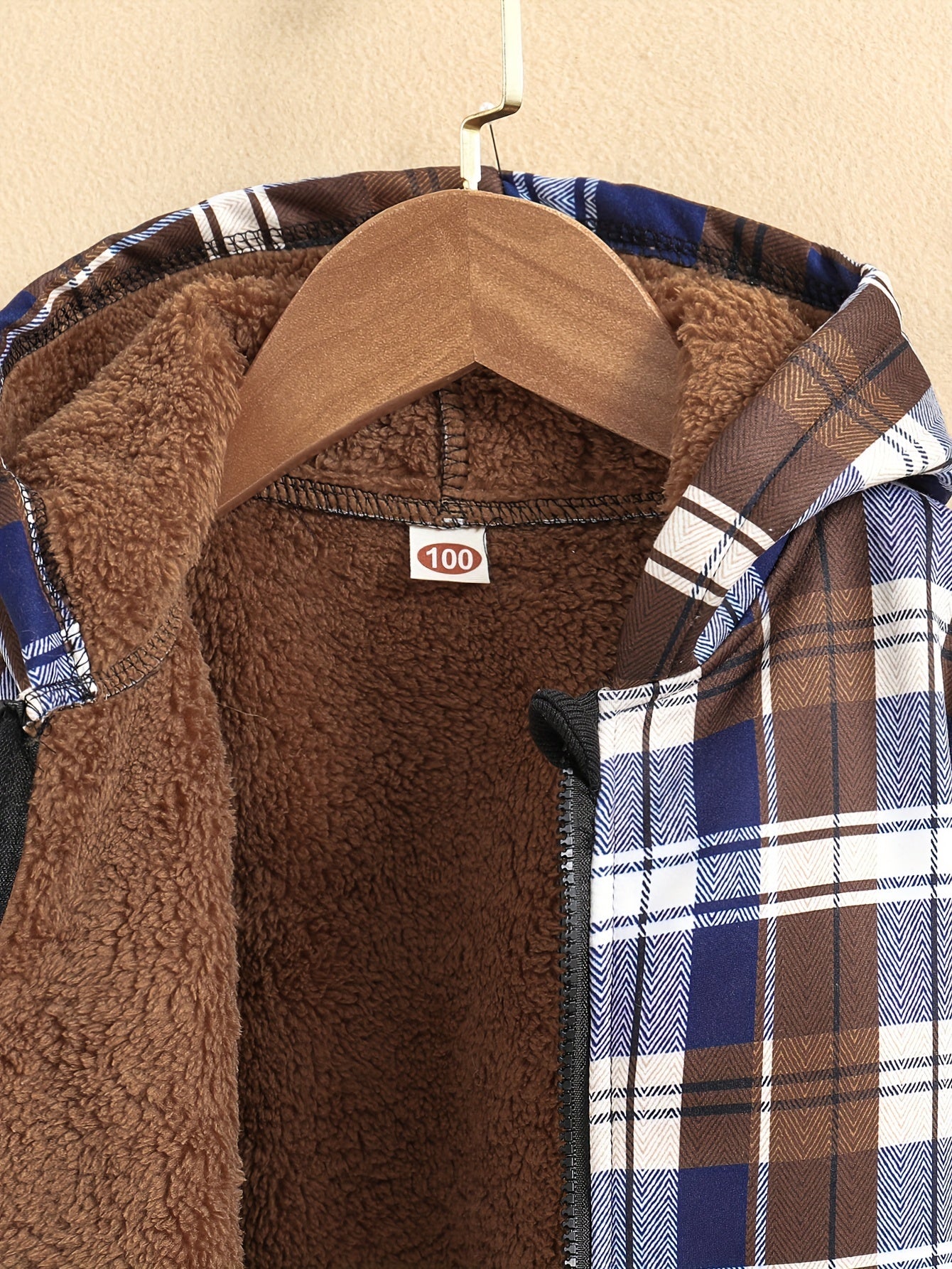 Boys' Casual Long Sleeve Zip-Up Hooded Jacket with Plaid Print - Warm Fleece-Lined Coat, Regular Fit, Brown & Checkered Design, Perfect for Fall/Winter Outdoor