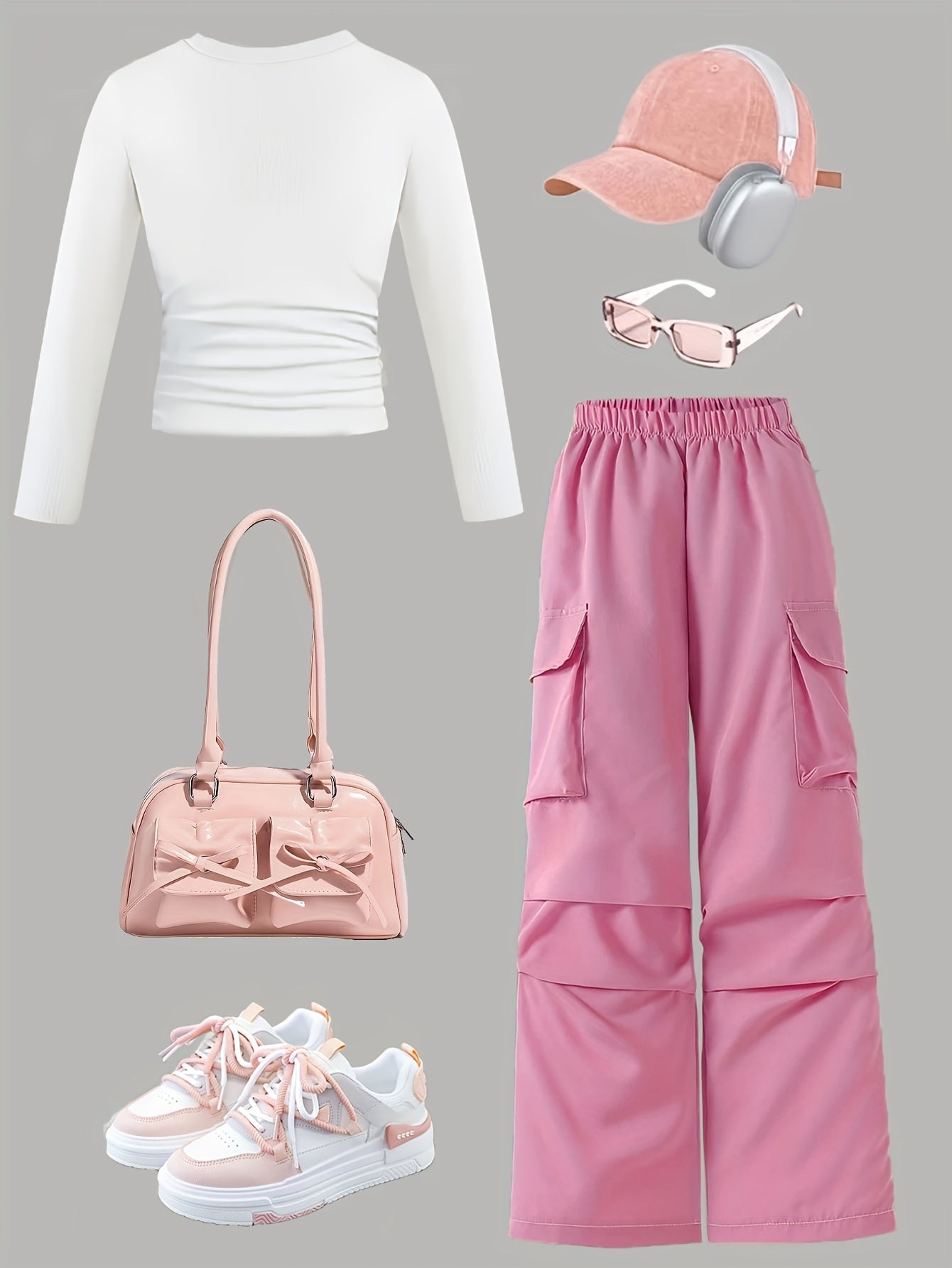 Girls' Spring and Autumn Slim Ribbed Long-Sleeve Top with Cargo Wide-Leg Pants Set, Fashionable Elegant Outfit Showcasing Child's Generous Sunny Coolness (Accessories Not Included), Perfect for