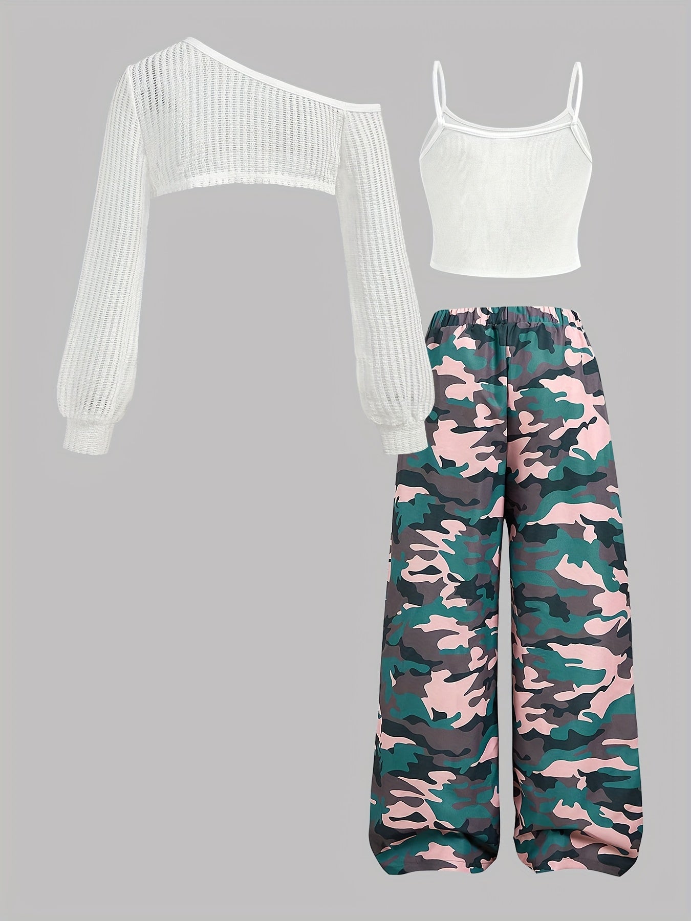 3pcs Y2K Streetwear Set for Teens - Asymmetrical Neck Long Sleeve Crop Top, Camo Print Vest & Cargo Pants - Casual Spring/Fall Outfit with Drop Shoulder Design, Regular Fit, No Chest Pad, Perfect for Casual Attire, Casual Att