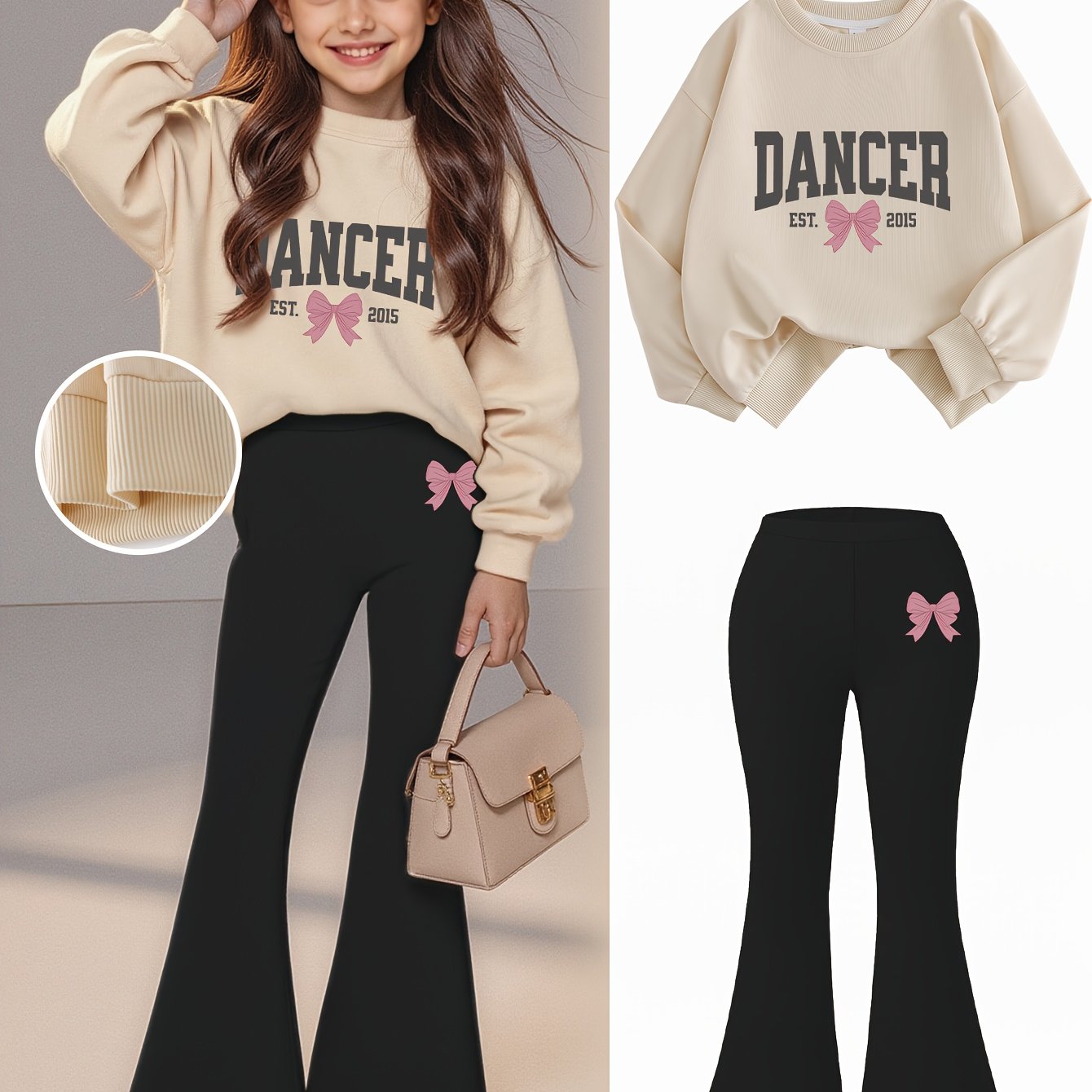 2pcs Girls' Fashion Sweatshirt + Flare Pants Style | Letter Bow Print | Urban Walking + Autumn + Fashion | Trendy Autumn Suit, Perfect for Outdoor