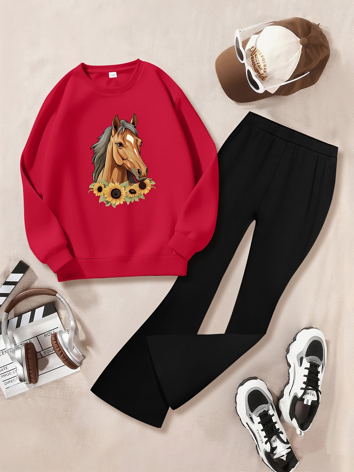 Girl's Fashionable Set With Horse And Sunflowers Graphic Printed Long Sleeve Crew Neck Sweatshirt & Knitted Bell-bottom Pants, Girl's Autumn And Winter Set, Ideal For Daily And Outdoor Wear
