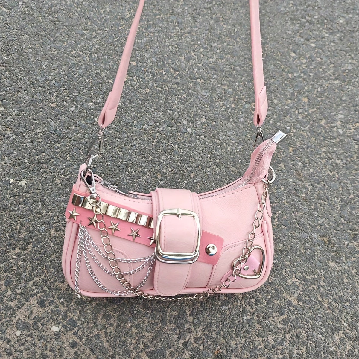 Y2K Style Small Shoulder Bag with Magnetic Closure, PU Material, Polyester Lining, Chain Strap, Punk-Inspired Design, Pastel Pink Color