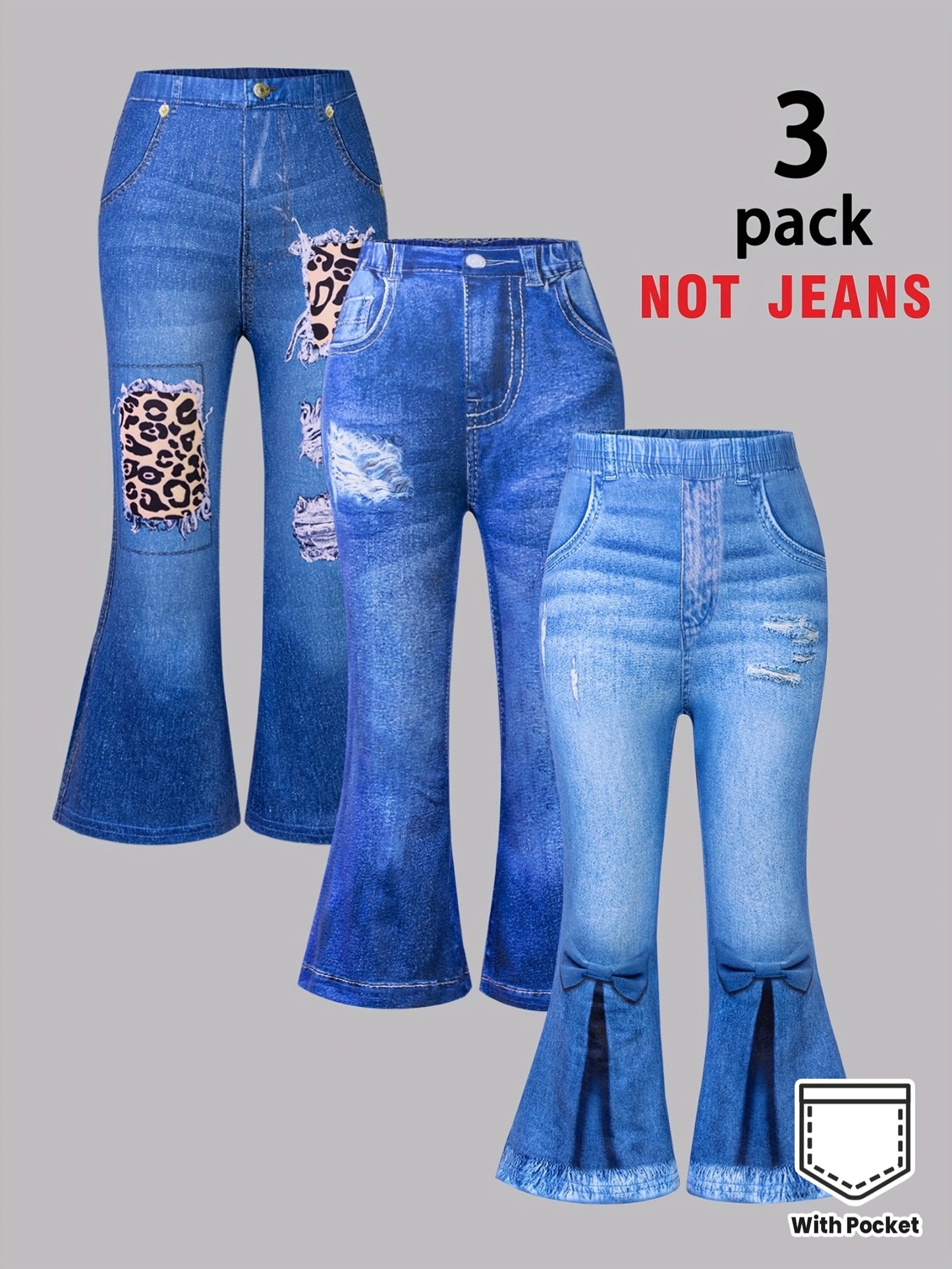 3-Pack Girls' Faux Denim Printed Ripped Leopard Print Flared Pants - Stretchy Elastic Waistband, Soft Comfortable Casual Trousers with Faux Pockets, All-Season Wear for Parties, Carnivals & Casual Attire, Party Attire, Playfu