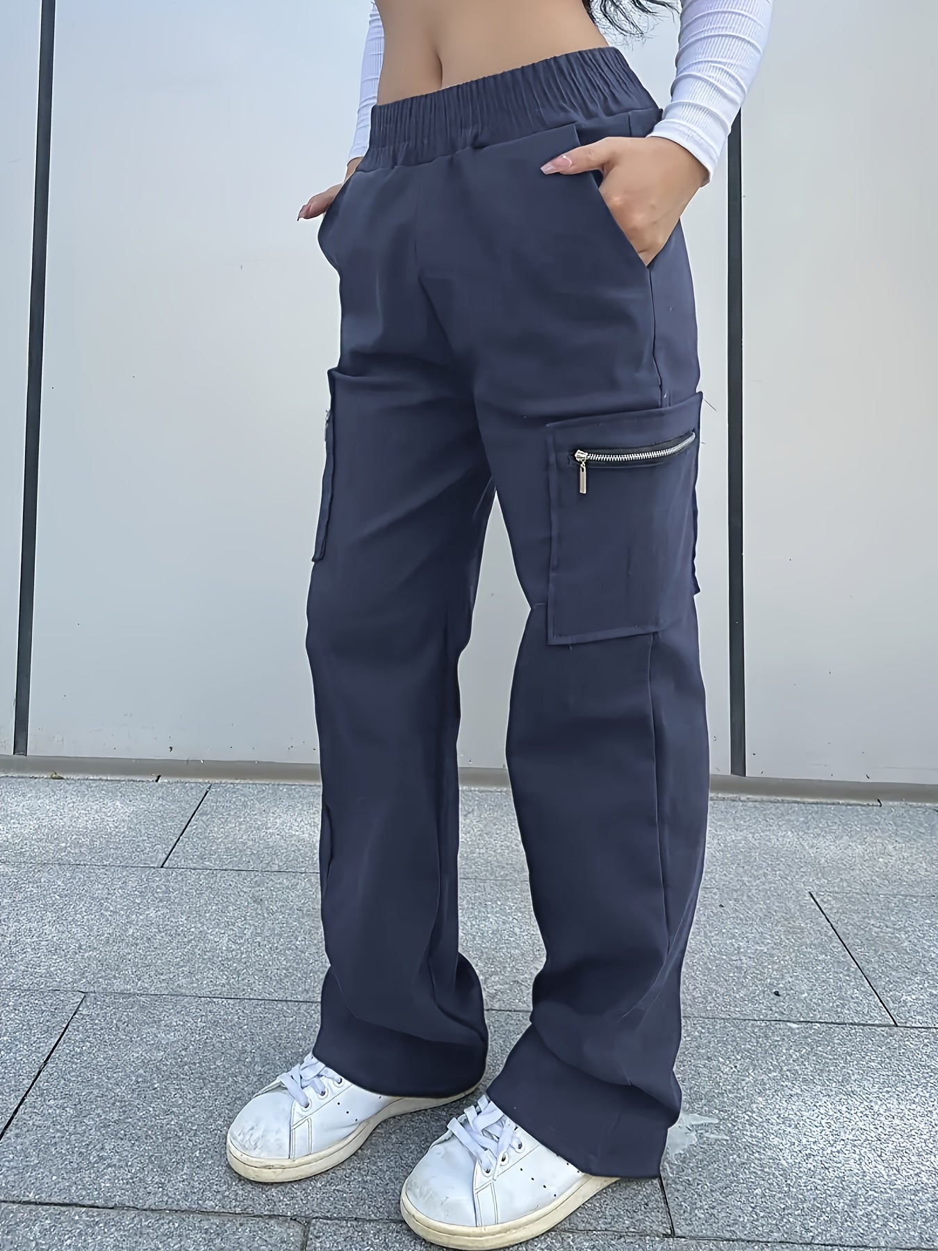's and Girls' Straight-Leg Cargo Pants, Y2K Streetwear Casual Trousers with Large Zippered Pockets, Elastic Waistband, All-Season Polyester, Perfect for Outdoor Wear, Perfect for Outdoor