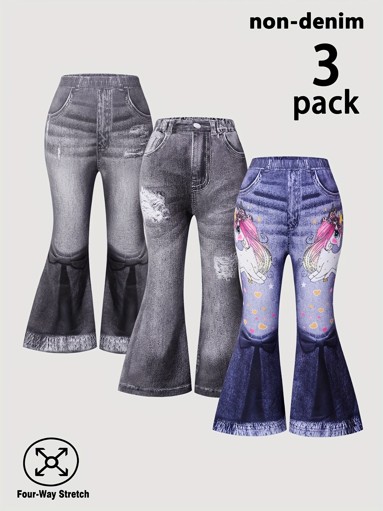 3-Pack Girls' Faux Denim Printed Ripped Leopard Print Flared Pants - Stretchy Elastic Waistband, Soft Comfortable Casual Trousers with Faux Pockets, All-Season Wear for Parties, Carnivals & Casual Attire, Party Attire, Playfu