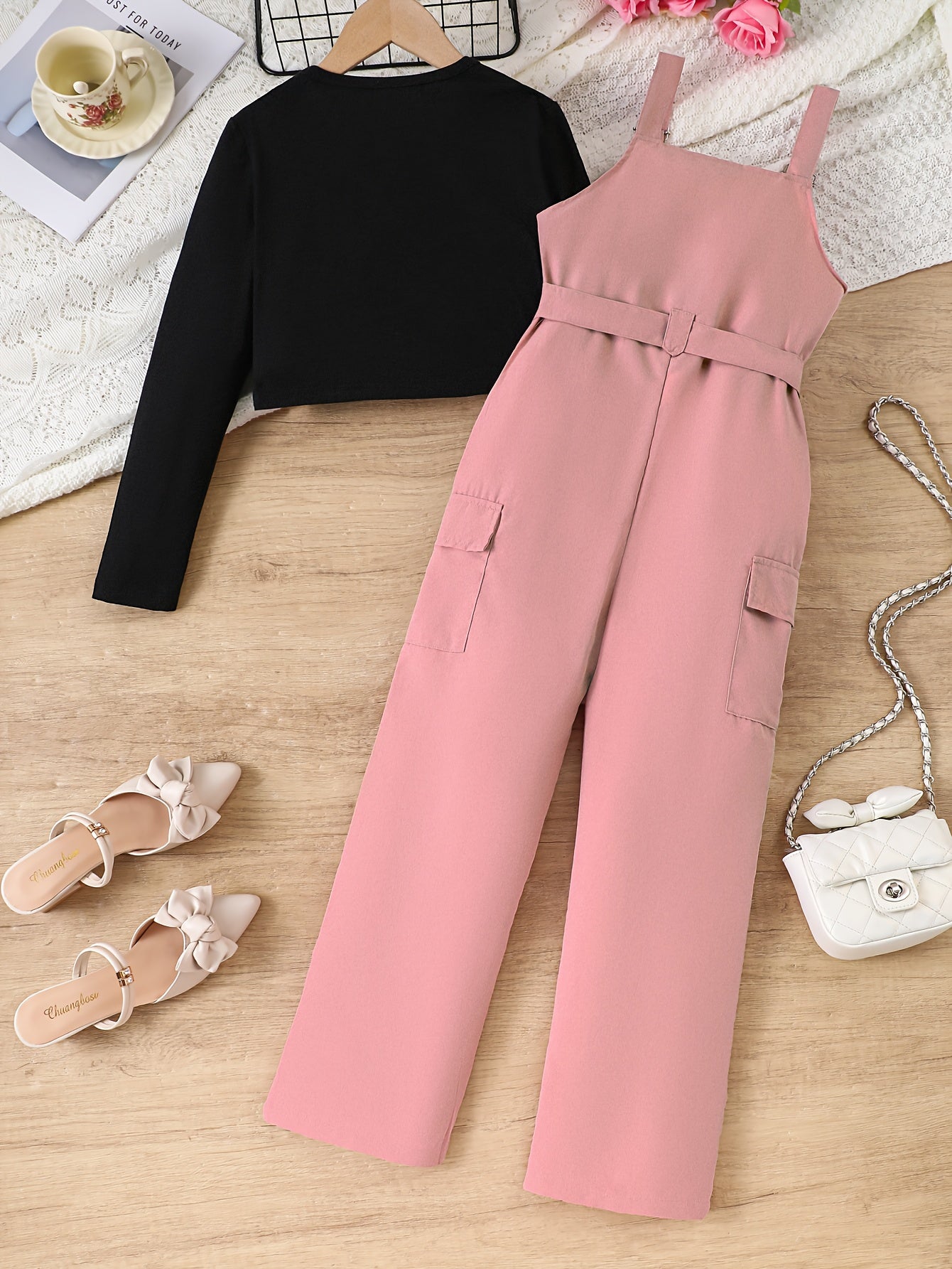 Girls' Fashion Solid Color Round Neck Long Sleeve Top + Brick Red Drawstring Pants Autumn/Winter New Two-Piece Outfit Set, Perfect for Outdoor