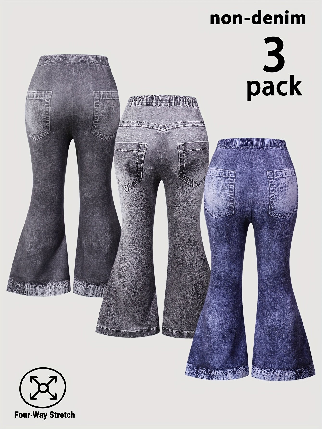 3-Pack Girls' Faux Denim Printed Ripped Leopard Print Flared Pants - Stretchy Elastic Waistband, Soft Comfortable Casual Trousers with Faux Pockets, All-Season Wear for Parties, Carnivals & Casual Attire, Party Attire, Playfu