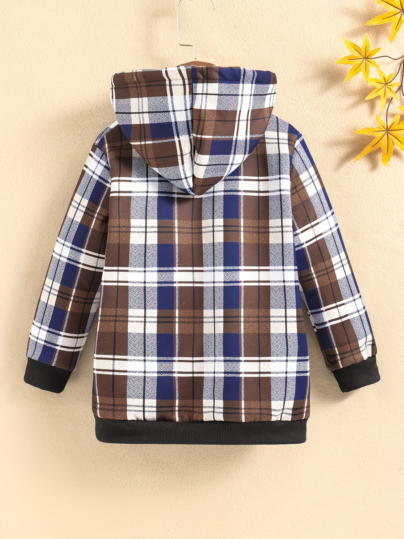 Boys' Casual Long Sleeve Zip-Up Hooded Jacket with Plaid Print - Warm Fleece-Lined Coat, Regular Fit, Brown & Checkered Design, Perfect for Fall/Winter Outdoor