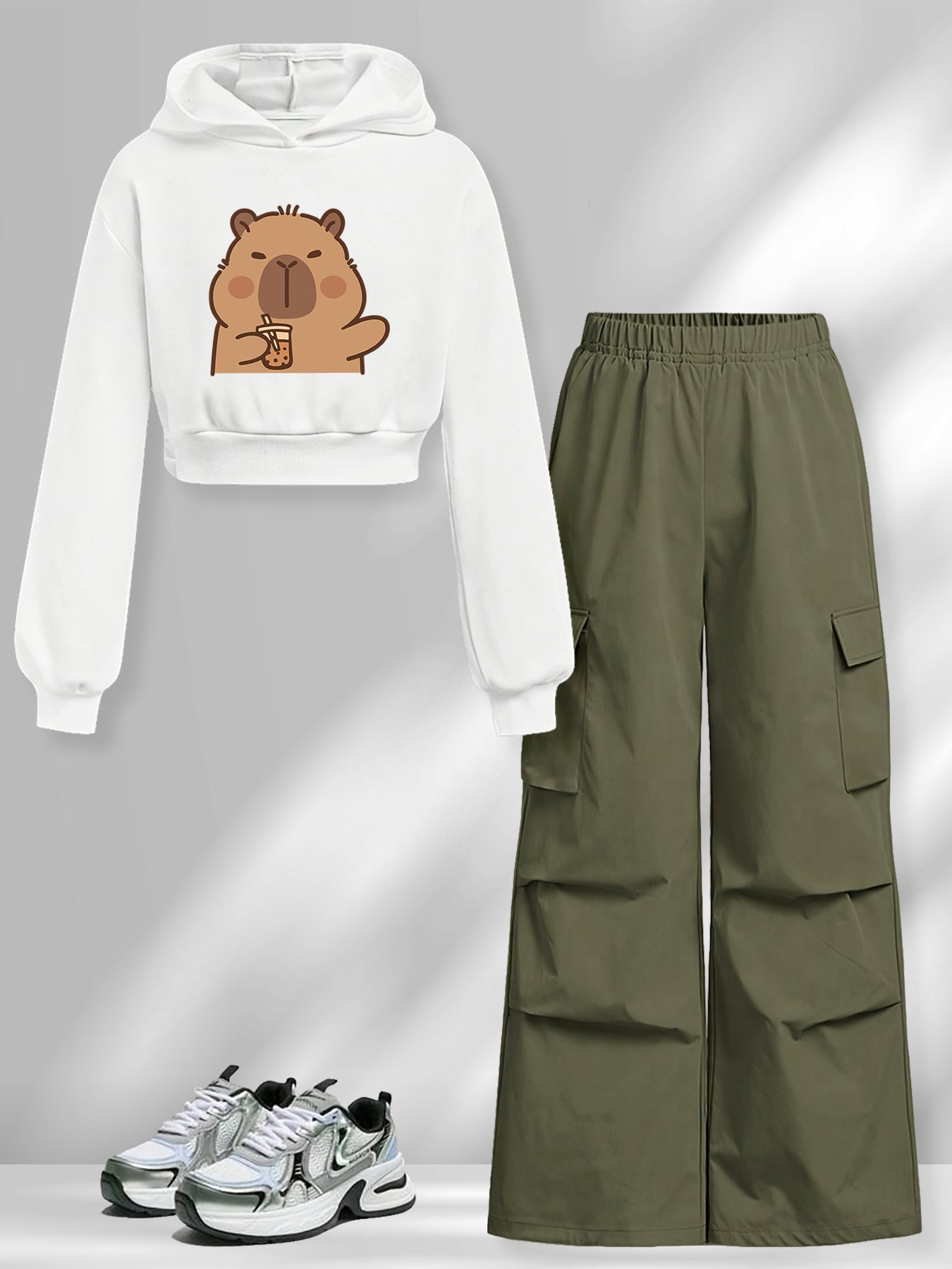 2pcs Autumn/Winter Hoodie and Jogger Set, Cute Capybara Drinking Milk Tea Design, Long-Sleeve Hooded Sweatshirt + Stylish Casual Cargo Pants, Perfect for Halloween, Christmas, Thanksgiving, Perfect for Outdoor, For Teenager,