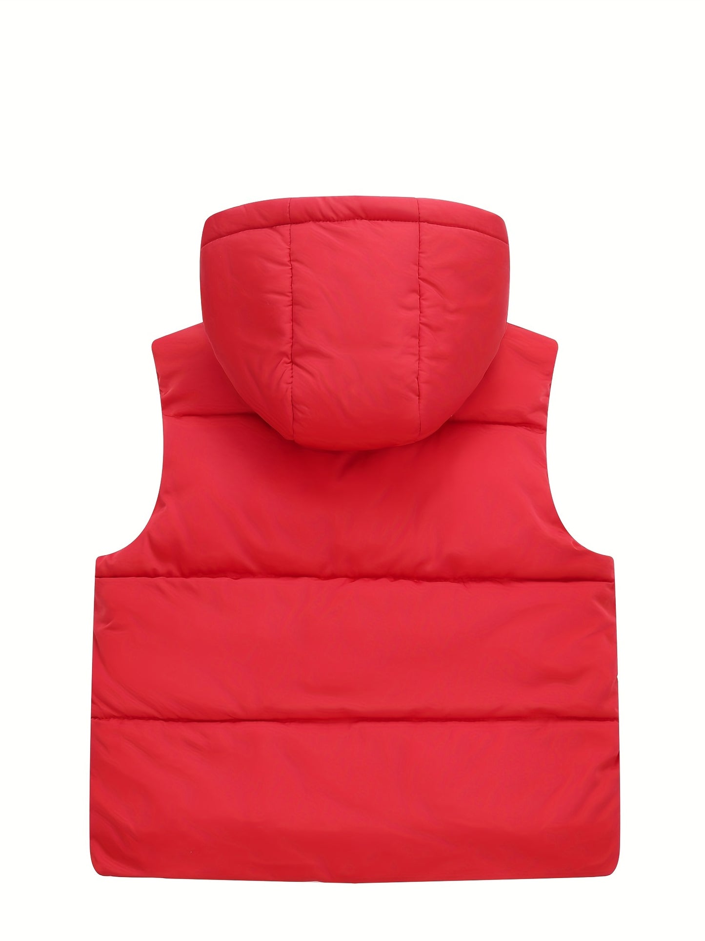 Youth Red Hooded Vest with Large Pockets - Warm Loose Fit Casual Jacket for Fall/Winter, Polyester Filled, Adjustable Hood, Perfect for Outdoor Play, Winter Clothing, Playful Design, Durable Fabric