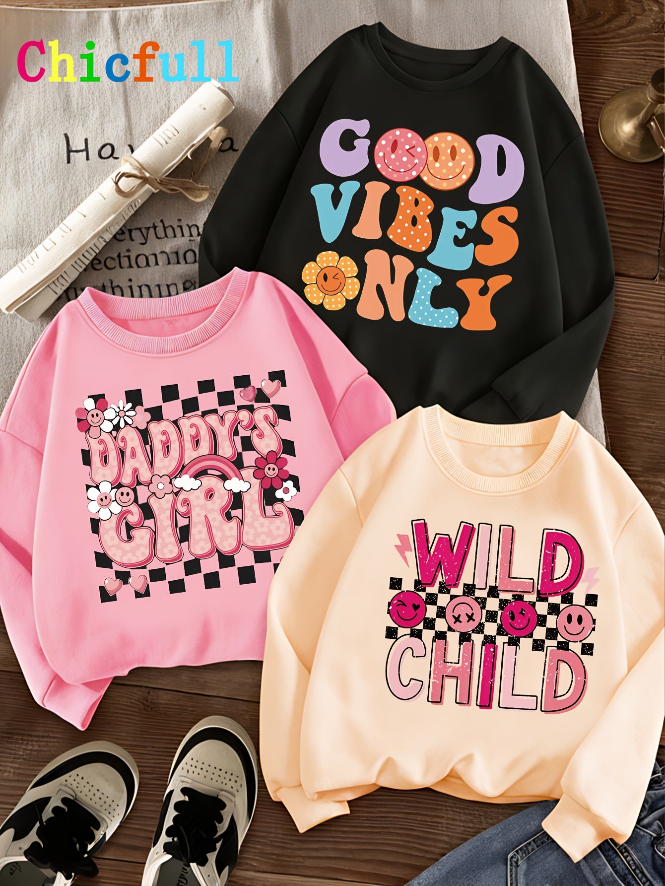 Three-Piece Set for Girls, Colorful Letter Print Sweet Creative Casual Spring/Autumn Hoodie Combo