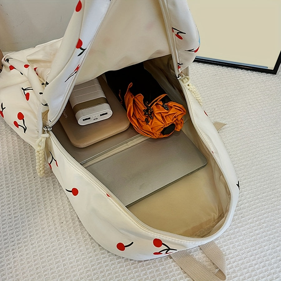 Three-Piece Set: Cherry Backpack, Handbag & Pencil Case - Cute Japanese-Inspired Large Capacity Lightweight School Bag for College Students, Random Print Design