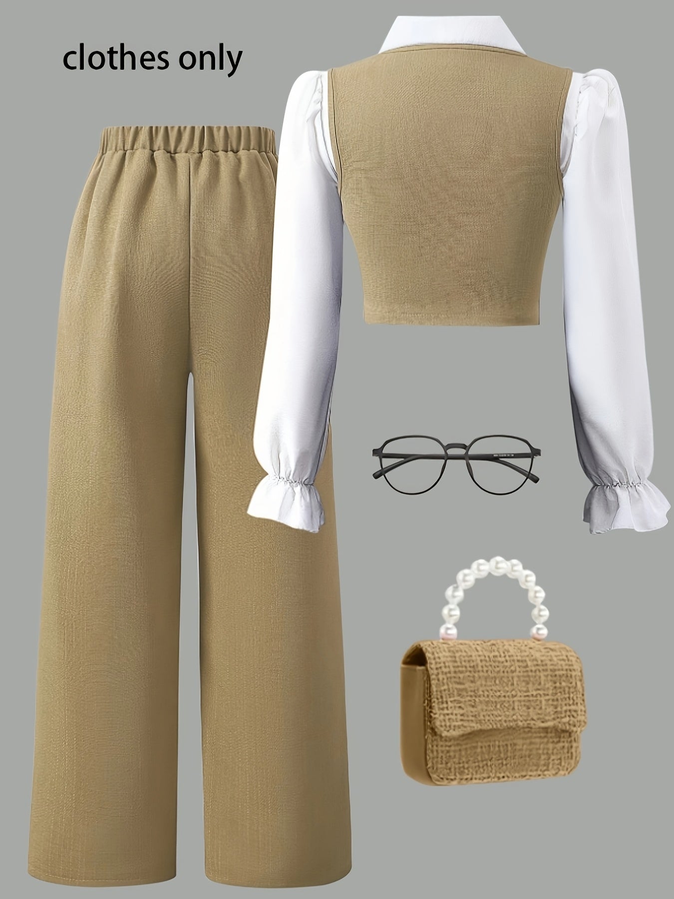 Spring and Summer Girls' Fashionable New Korean Style Button-Decorated Round Neck Sleeveless Vest + Exquisite Lapel Pleated Cuff Long Sleeve Top + Simple Versatile Pleated Pants Set for Casual Outings, Parties, Picnics, and G