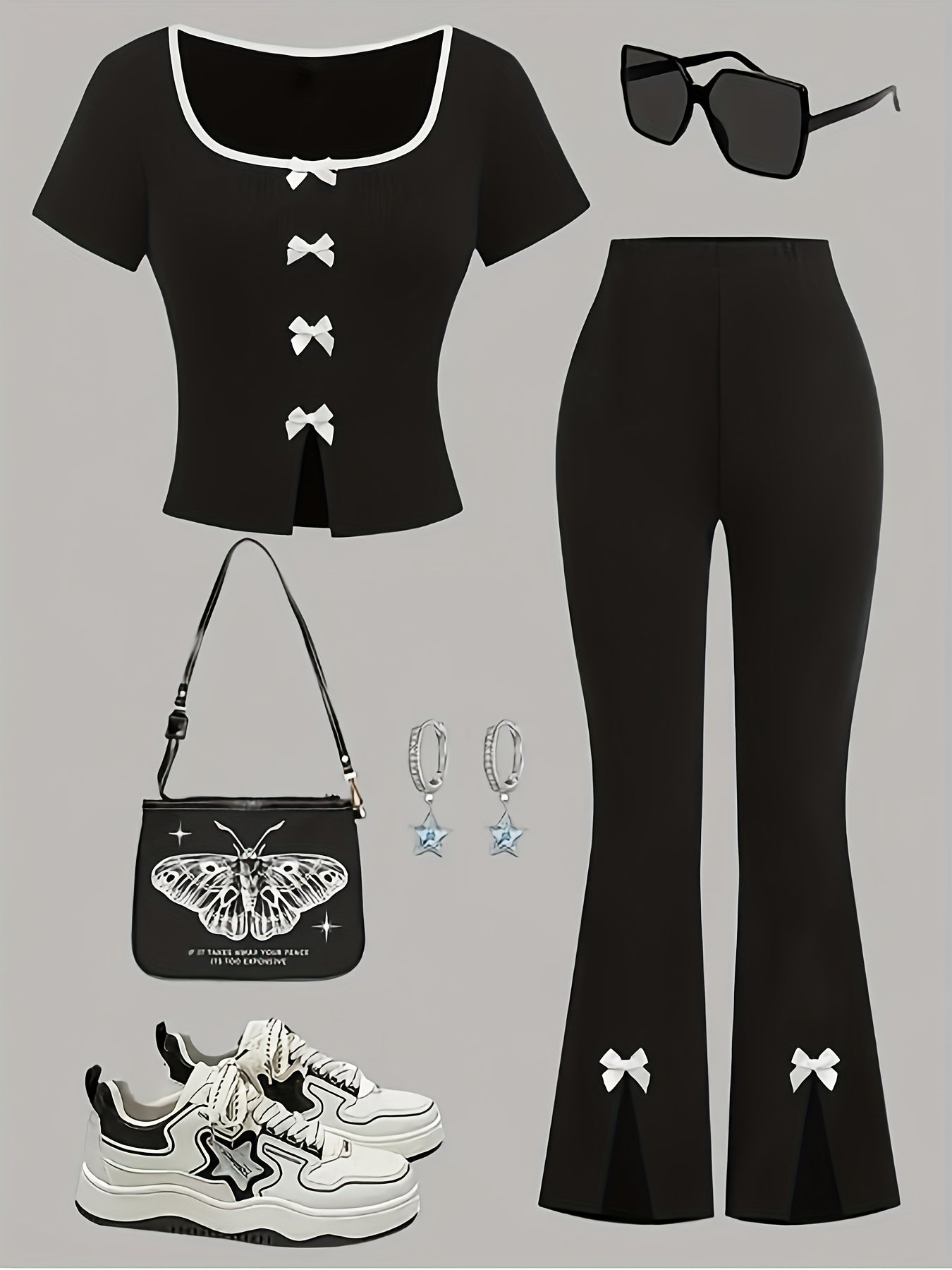 Spring and Autumn Girls' Comfortable Simple Fashion Black Short Sleeve Top with Black Bow Flare Pants Set, Suitable for Outdoor Leisure and Party Activities, Perfect for Outdoor