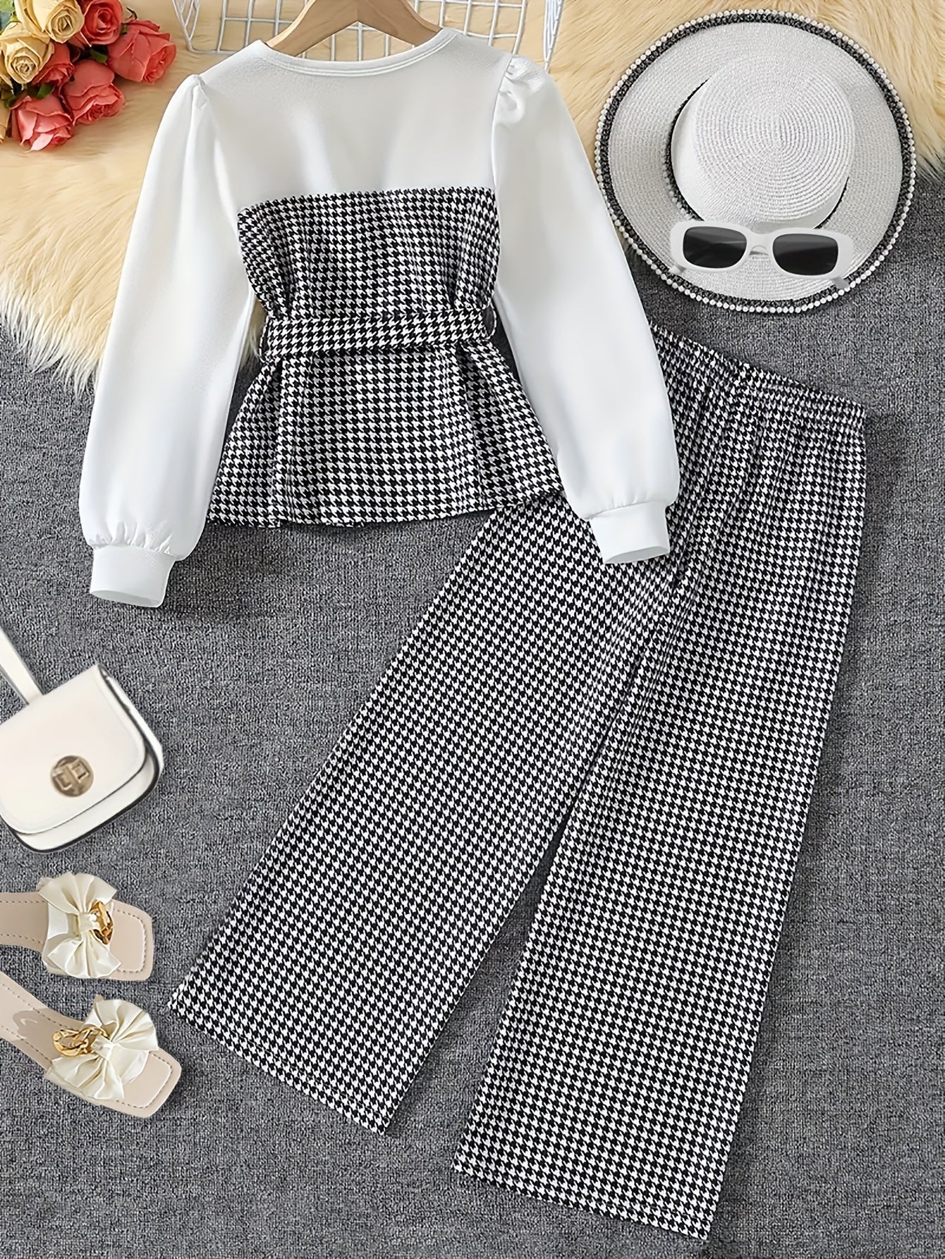 High-Scoring Girl's Outfit: Pure White Houndstooth Pattern Top with Belt Accent + Matching Straight-Hem Printed Trousers, Comfortable Soft Fabric Fit for Fall/Winter Essential Gift Set