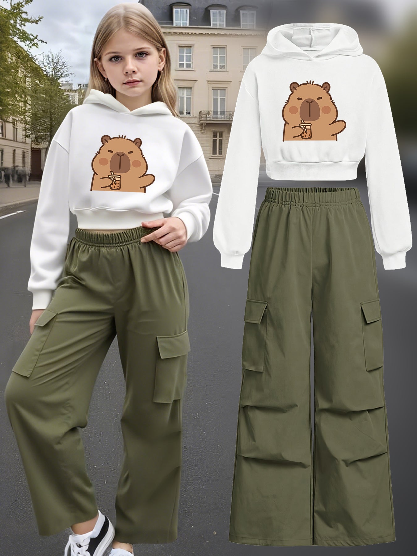 2pcs Autumn/Winter Hoodie and Jogger Set, Cute Capybara Drinking Milk Tea Design, Long-Sleeve Hooded Sweatshirt + Stylish Casual Cargo Pants, Perfect for Halloween, Christmas, Thanksgiving, Perfect for Outdoor, For Teenager,