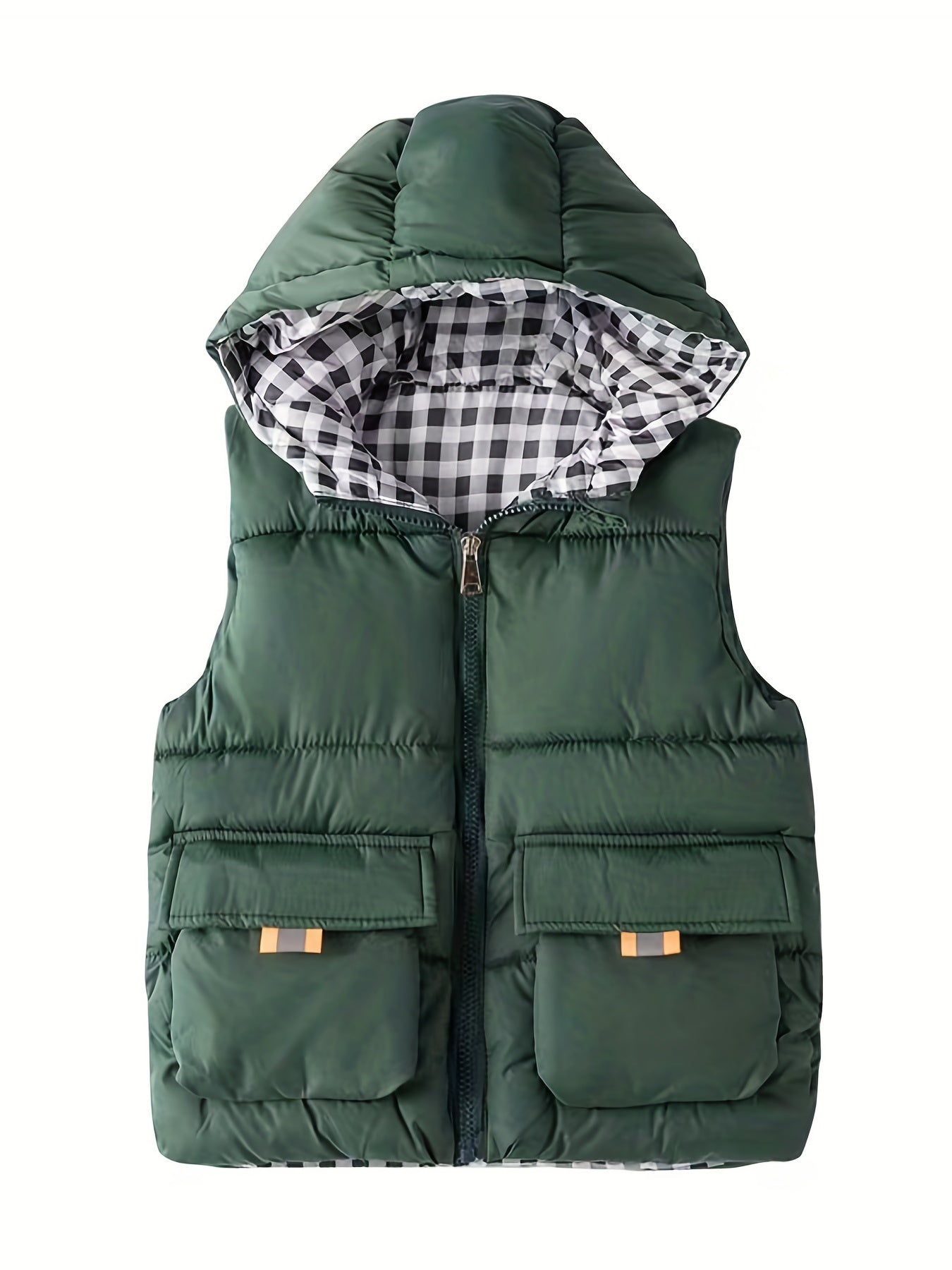 Youth Red Hooded Vest with Large Pockets - Warm Loose Fit Casual Jacket for Fall/Winter, Polyester Filled, Adjustable Hood, Perfect for Outdoor Play, Winter Clothing, Playful Design, Durable Fabric