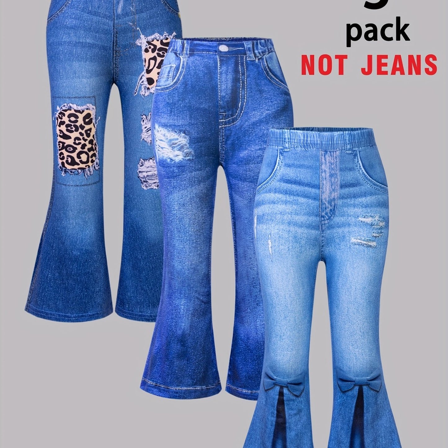 3-Pack Girls' Faux Denim Printed Ripped Leopard Print Flared Pants - Stretchy Elastic Waistband, Soft Comfortable Casual Trousers with Faux Pockets, All-Season Wear for Parties, Carnivals & Casual Attire, Party Attire, Playfu