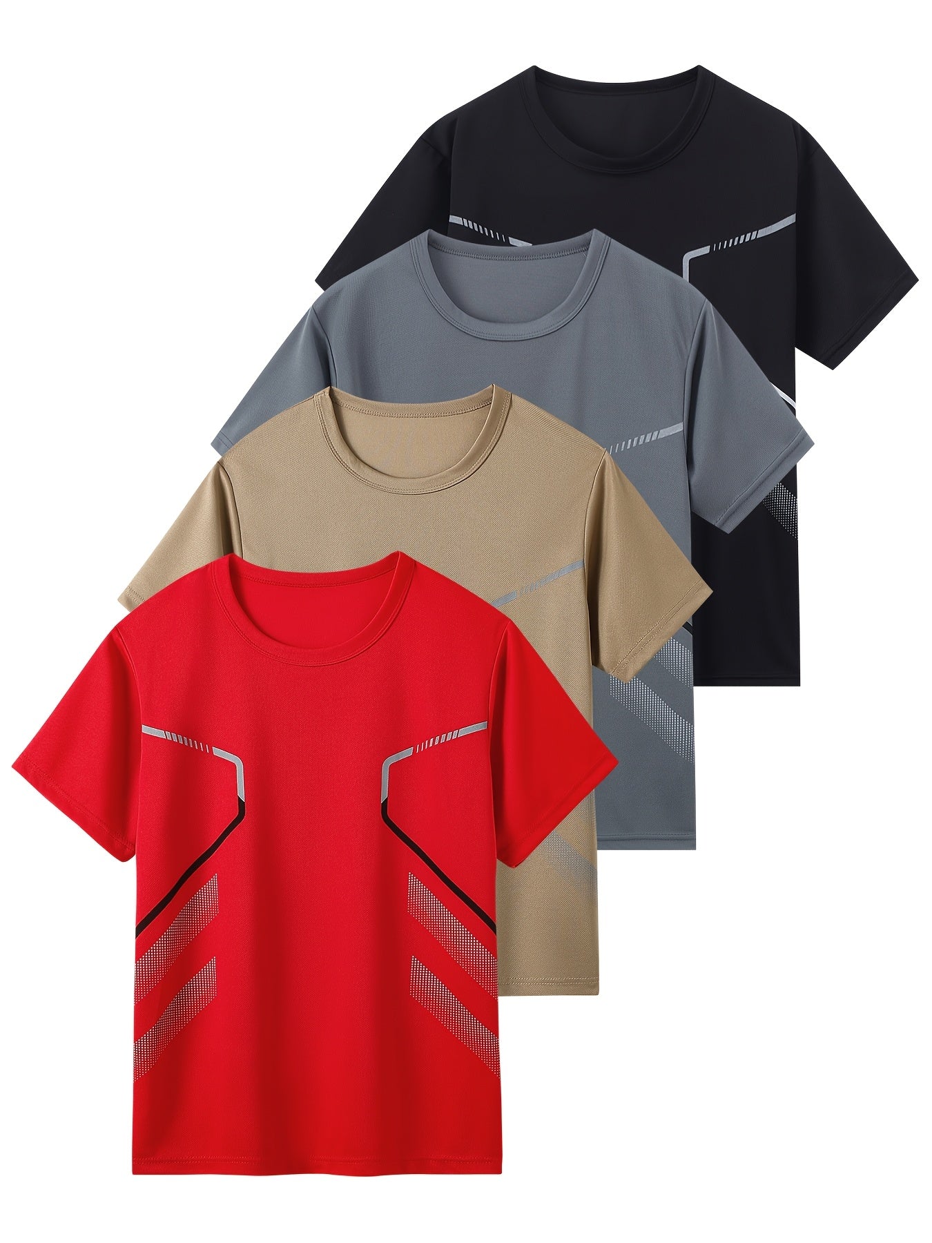 4pcs Youth Boys' Short Sleeve Summer Mesh Quick-Dry Casual Sports T-Shirts in Solid Black, Grey, Red, and Khaki for Versatile Casual Attire Outdoor Running Tops Suitable for Ages 13+ Breathable Lightweight Multi-Piece Set