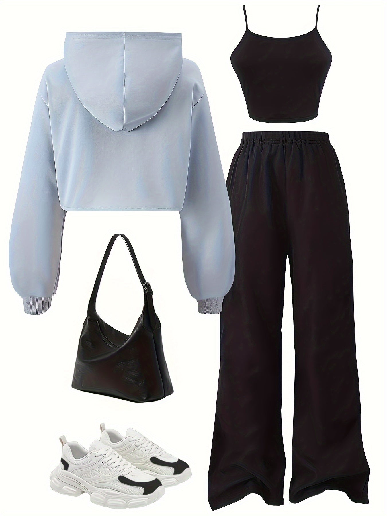 Fashion Irregular Cropped Hooded Sweatshirt with Camisole + Casual Pants Set, Perfect for Outdoor