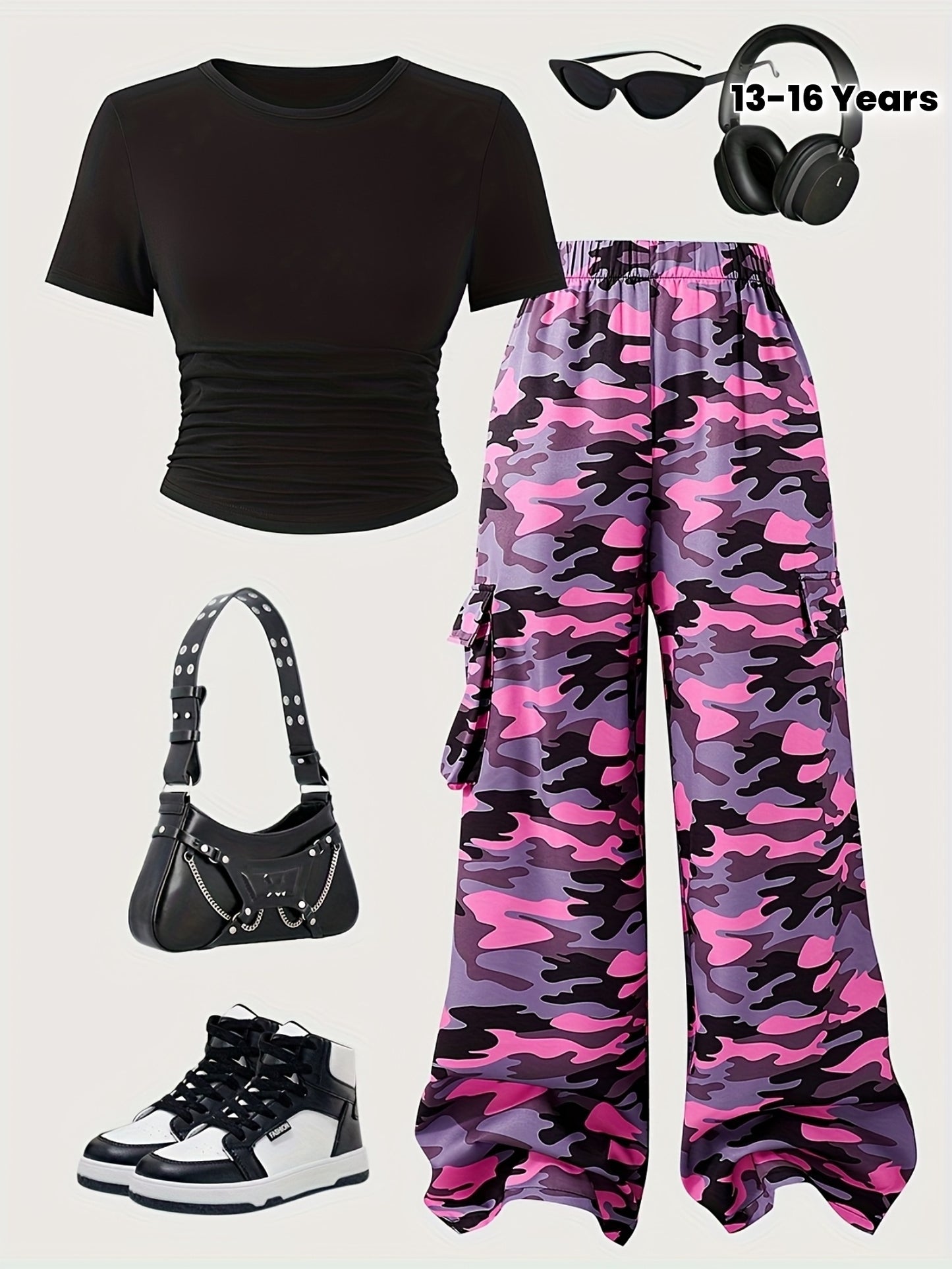 Youth Women'S Casual Short-Sleeve Round Neck Top And Stylish Straight-Leg Pants Two-Piece Set for Spring And Summer, for Outdoor