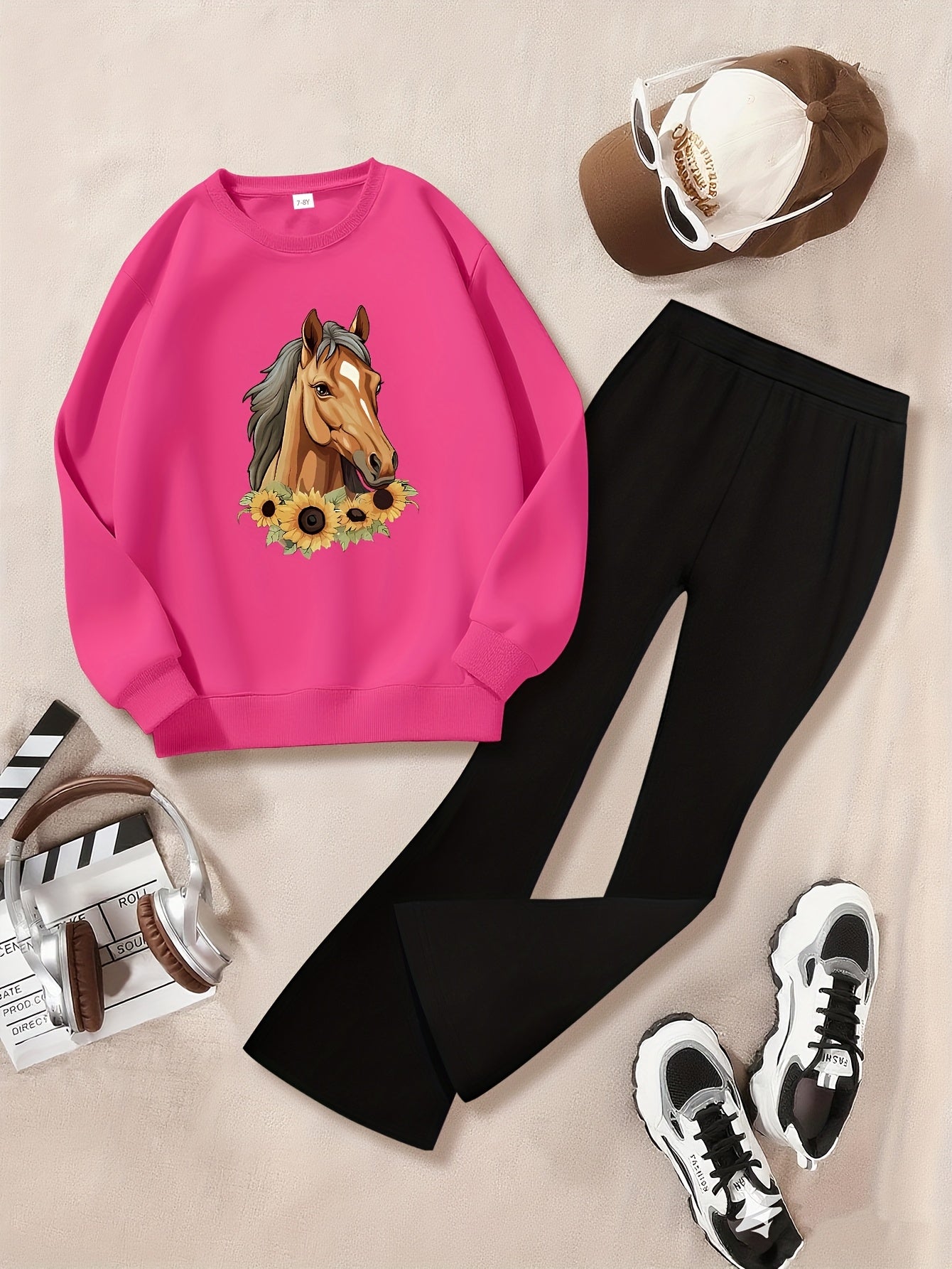 Girl's Fashionable Set With Horse And Sunflowers Graphic Printed Long Sleeve Crew Neck Sweatshirt & Knitted Bell-bottom Pants, Girl's Autumn And Winter Set, Ideal For Daily And Outdoor Wear