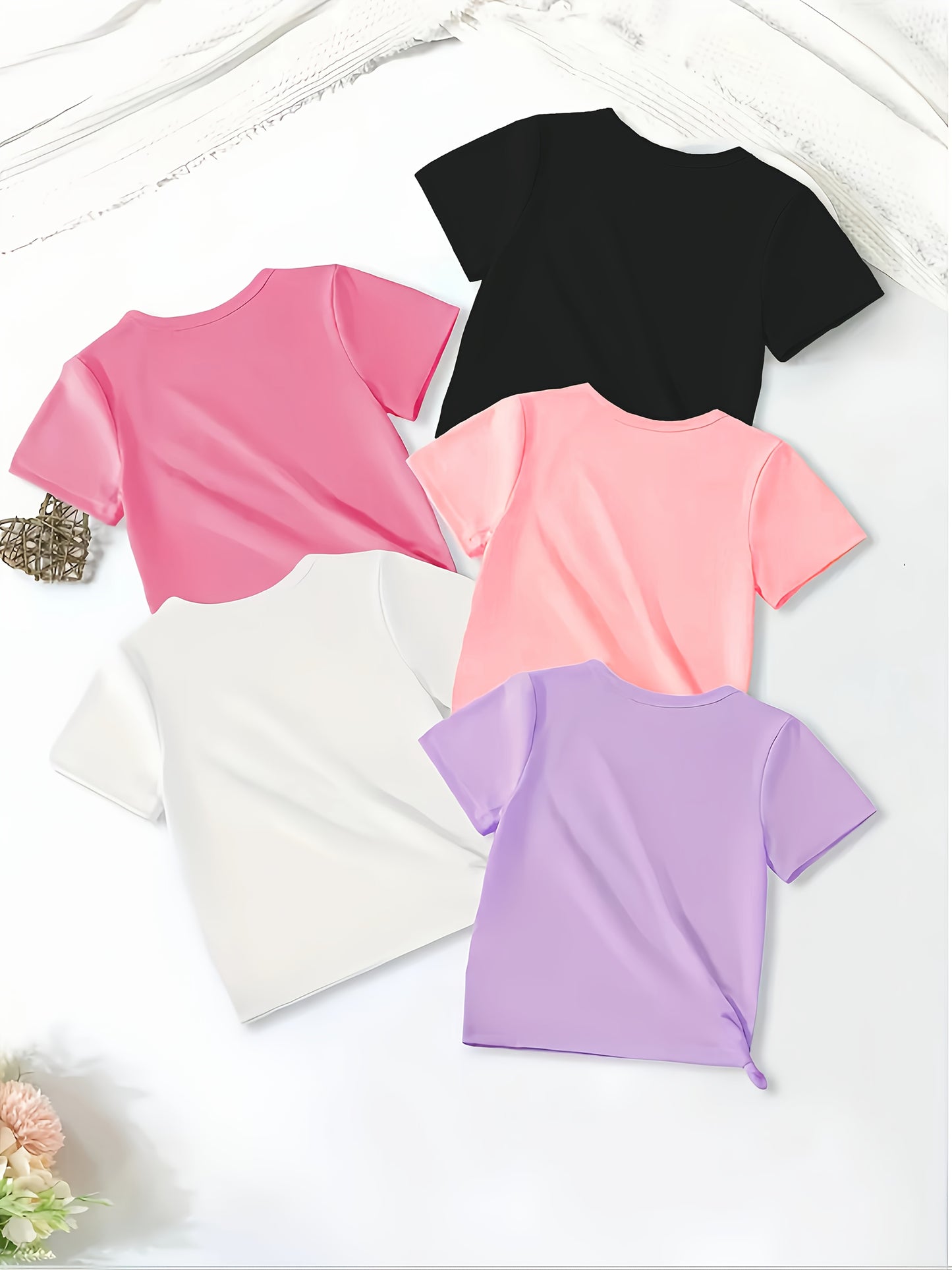 Set of 5 Sweet Cute Fashion Short Sleeve T-Shirts for Girls with Pretty and Funny Heart Pattern Print, Comfortable Polyester Casual Summer Top, Regular Fit, Medium Stretch, Suitable for Everyday and Outdoor