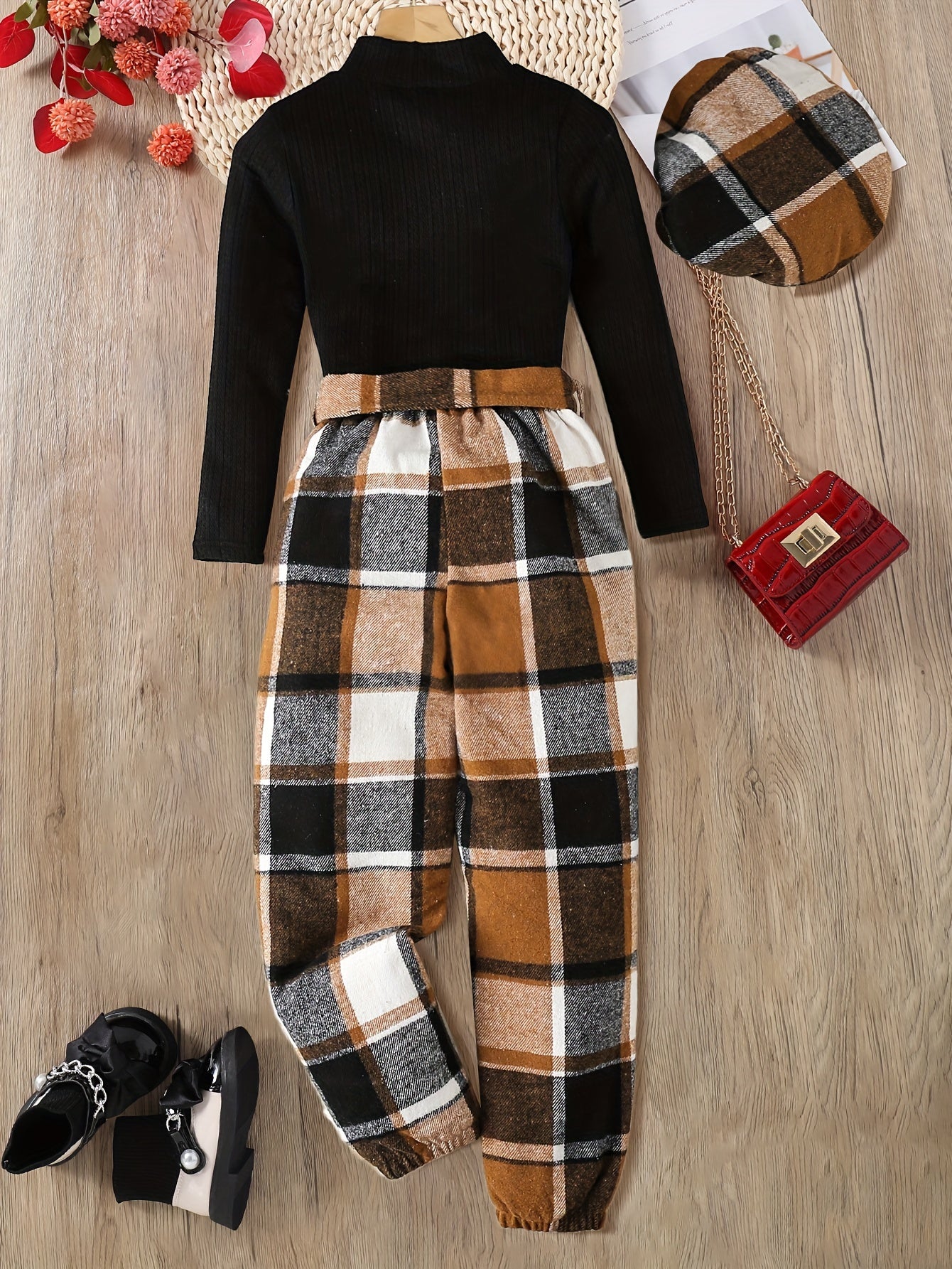 3pcs Girls' Spring/Autumn Casual Fashion Outfit - Solid Color Ribbed Crew Neck Long Sleeve Top, Two-Tone Plaid Pattern Elastic Waist Slimming Pants, Matching Hat, Comfortable Soft Versatile Streetwear for Youngsters and Teens