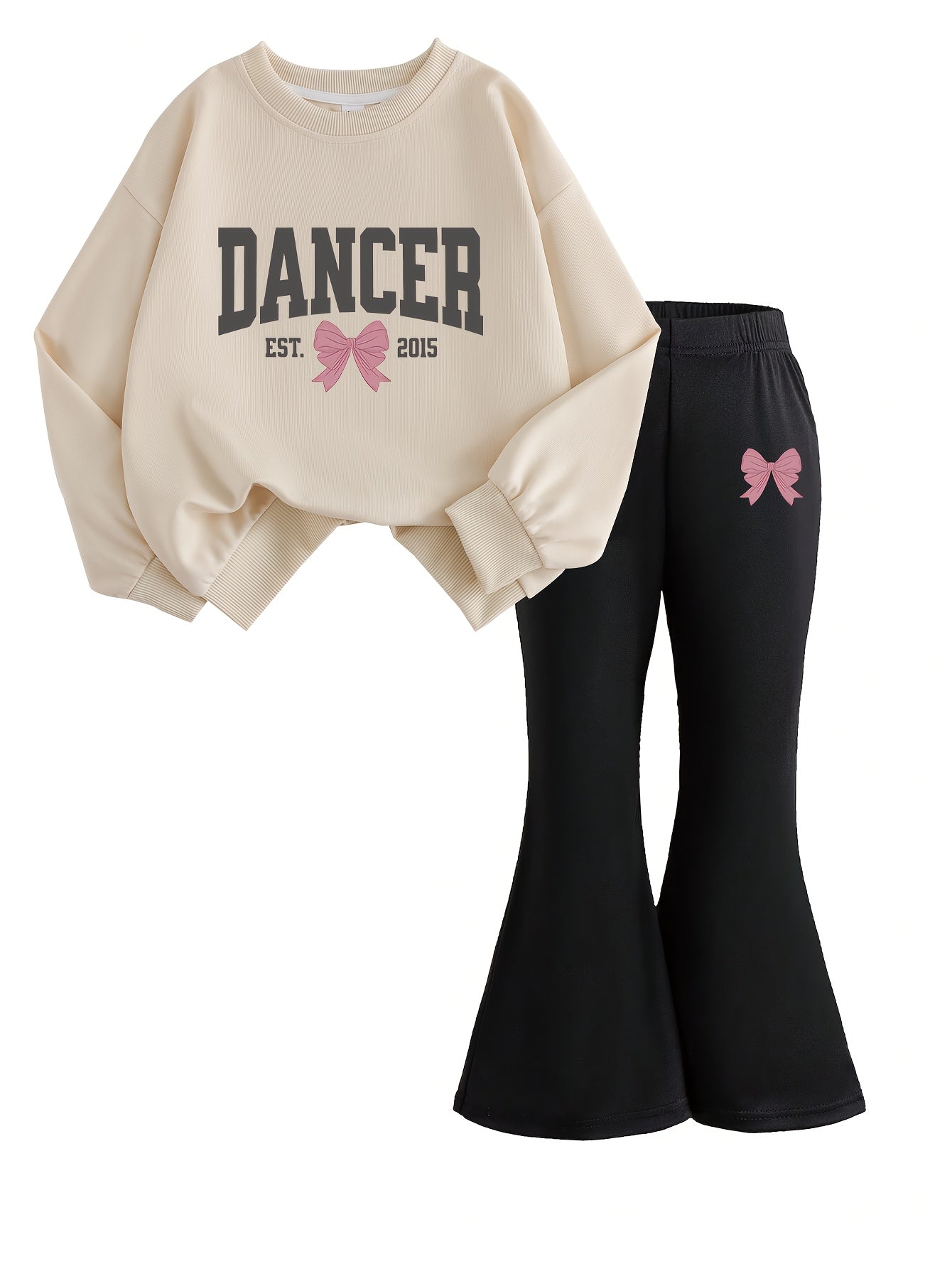 2pcs Girls' Fashion Sweatshirt + Flare Pants Style | Letter Bow Print | Urban Walking + Autumn + Fashion | Trendy Autumn Suit, Perfect for Outdoor