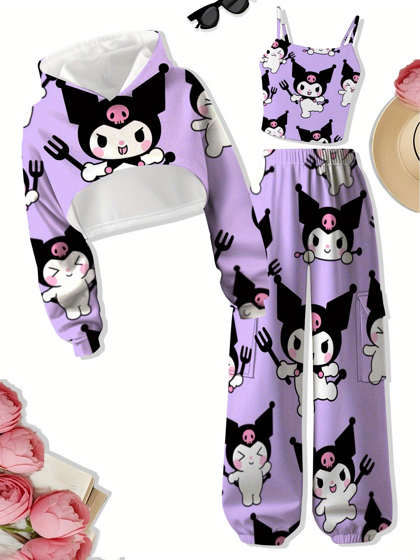 Three-Piece Set Sanrio Digital Fashion Fantasy Cute Holiday Spring and Autumn Winter Clothes Gift Trendy Cartoon Cat Sanrio Essential Fashion Hoodie with Suspender Vest and Trousers Three-Piece Set Random Print Outdoor Sports