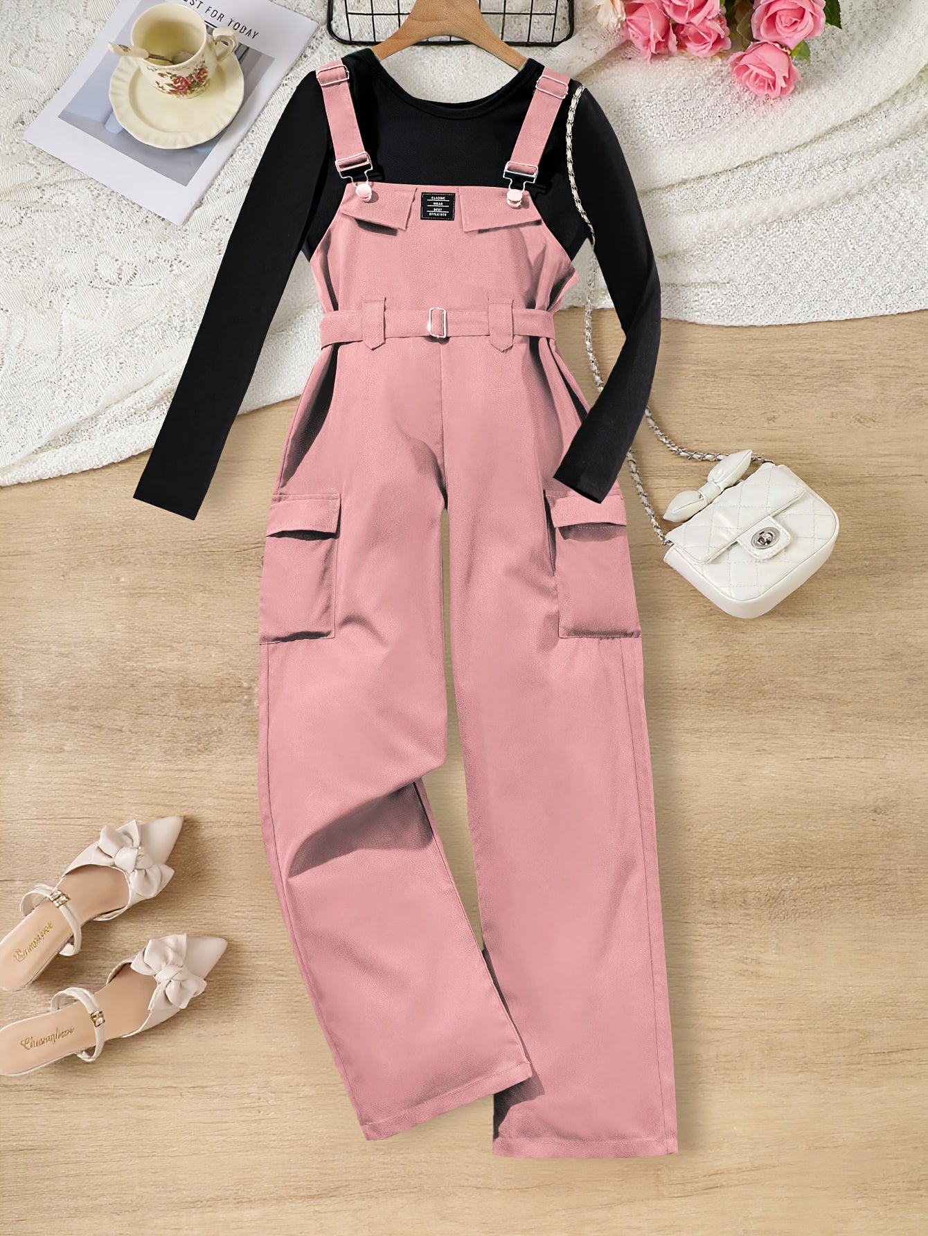 Girls' Fashion Solid Color Round Neck Long Sleeve Top + Brick Red Drawstring Pants Autumn/Winter New Two-Piece Outfit Set, Perfect for Outdoor