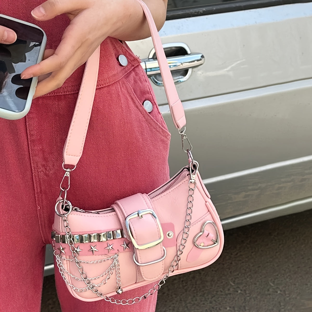 Y2K Style Small Shoulder Bag with Magnetic Closure, PU Material, Polyester Lining, Chain Strap, Punk-Inspired Design, Pastel Pink Color